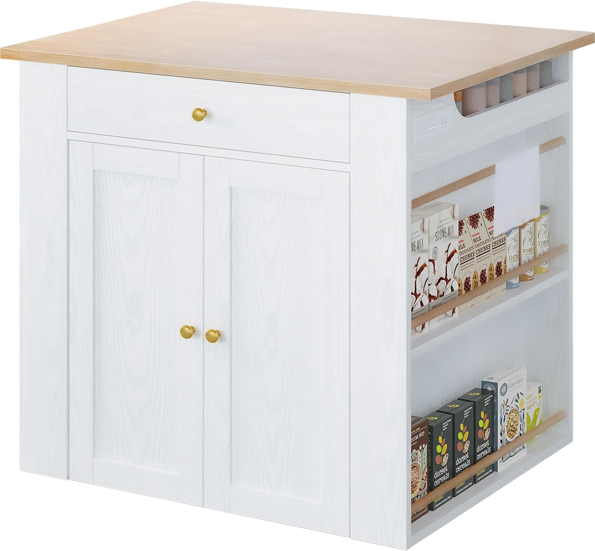 IRONCK Kitchen Island with Storage, Large Organized Storage Space with Power Strip, 2-Door Cabinet and 2 Open Shelves/Dual Side Drawers/5 Open Spice Racks, 29.5" D x 39.4" W x 37.8" H, White