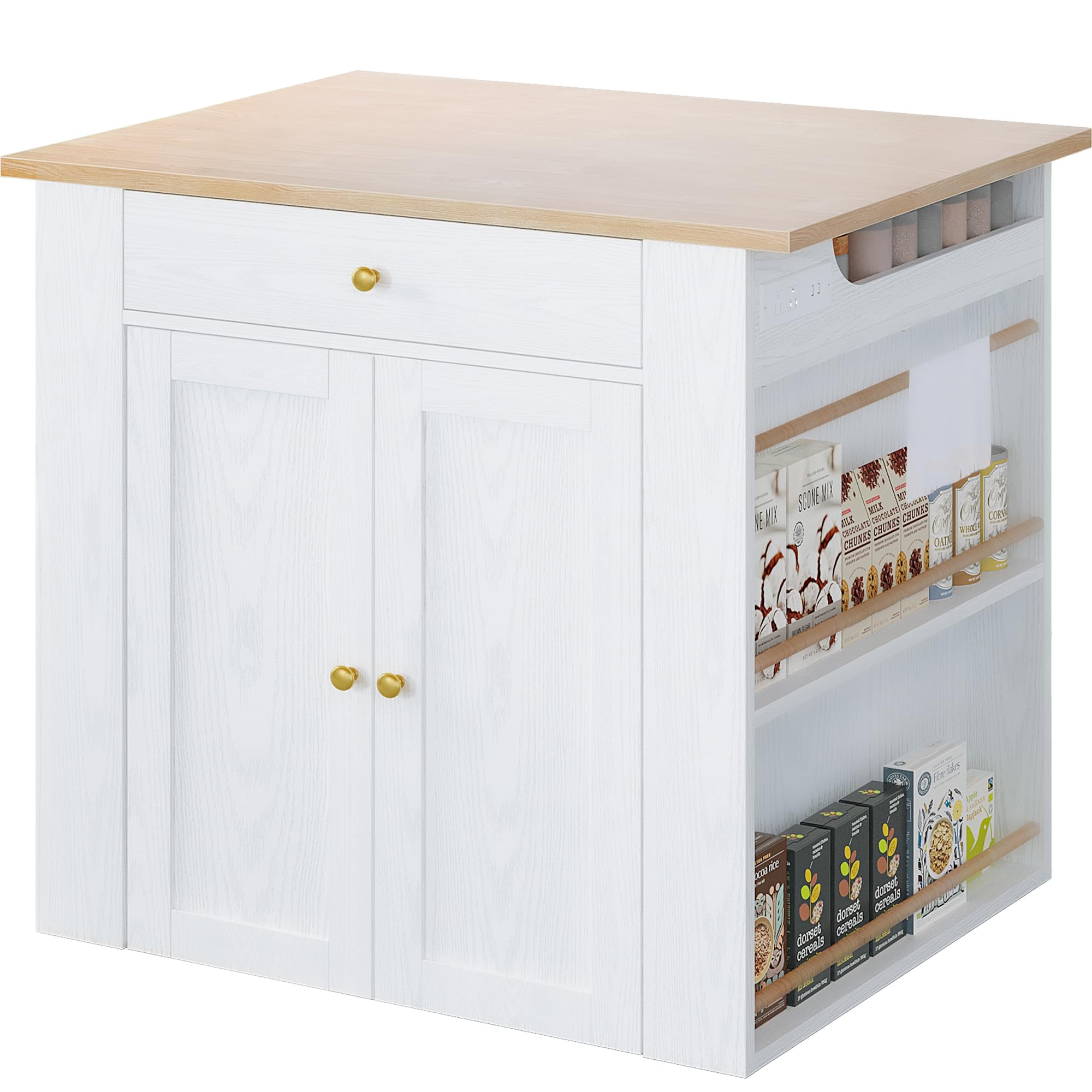 IRONCK Kitchen Island with Storage, Large Organized Storage Space with Power Strip, 2-Door Cabinet and 2 Open Shelves/Dual Side Drawers/5 Open Spice Racks, 29.5" D x 39.4" W x 37.8" H, White