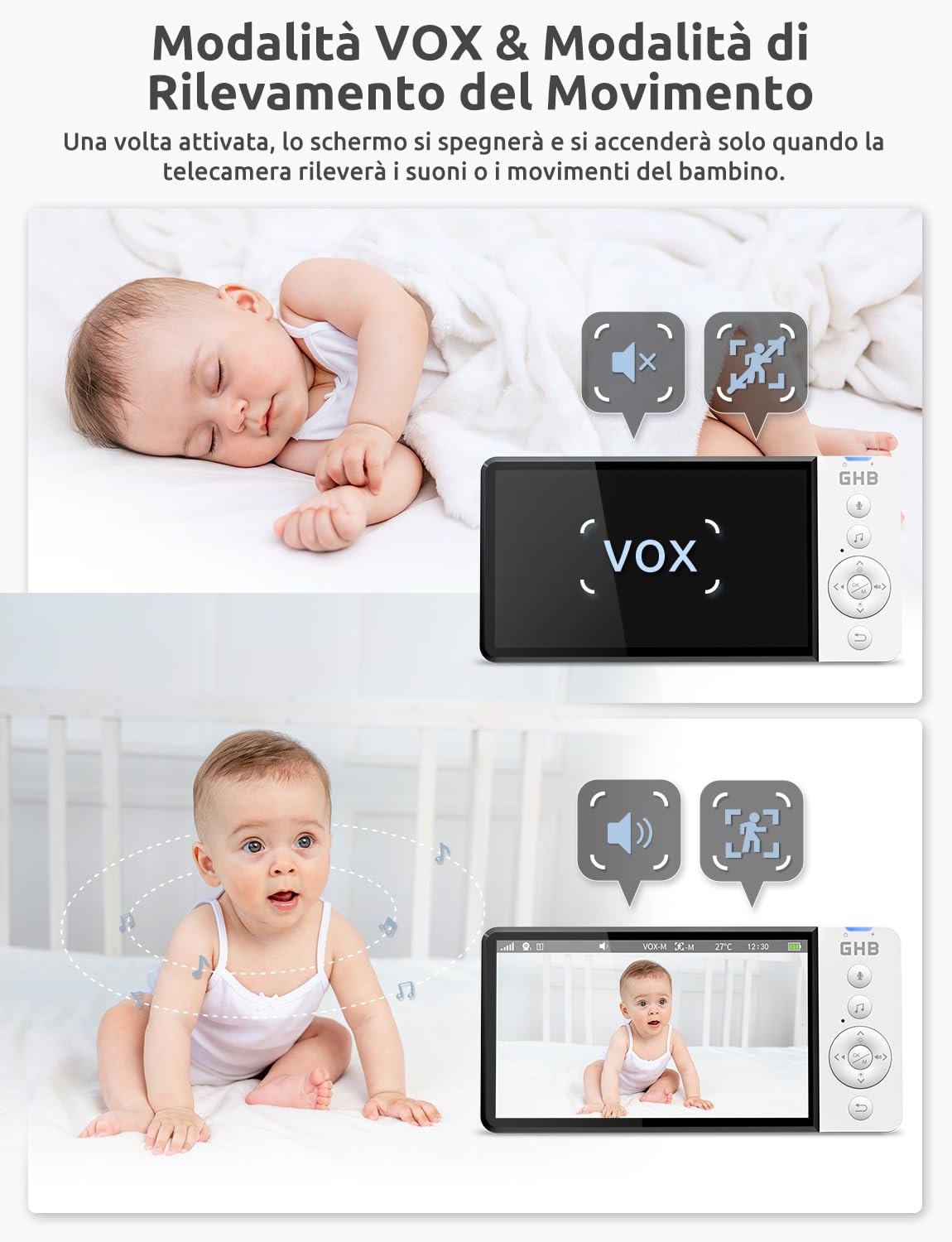 GHB Baby Monitor Video e Audio 5", Schermo IPS 168 Ore di Autonomia | Telecamera Bambini con Monitor, Visione Notturna, Rilevamento della Temperatura, Audio Bidirezionale, Ninnananna