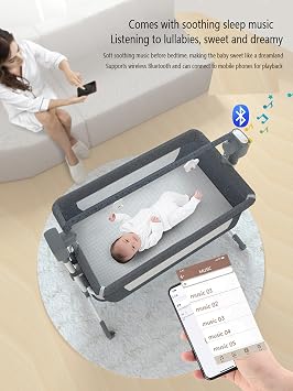 Electric Bluetooth Smart Next to Me Crib, Foldable Convertible Baby Bedside Crib, Co-Sleeping Bassinet, Infant Bedside Sleeper Cradle with Music, Remote and 5 Swaying Gears (601 Khaki)