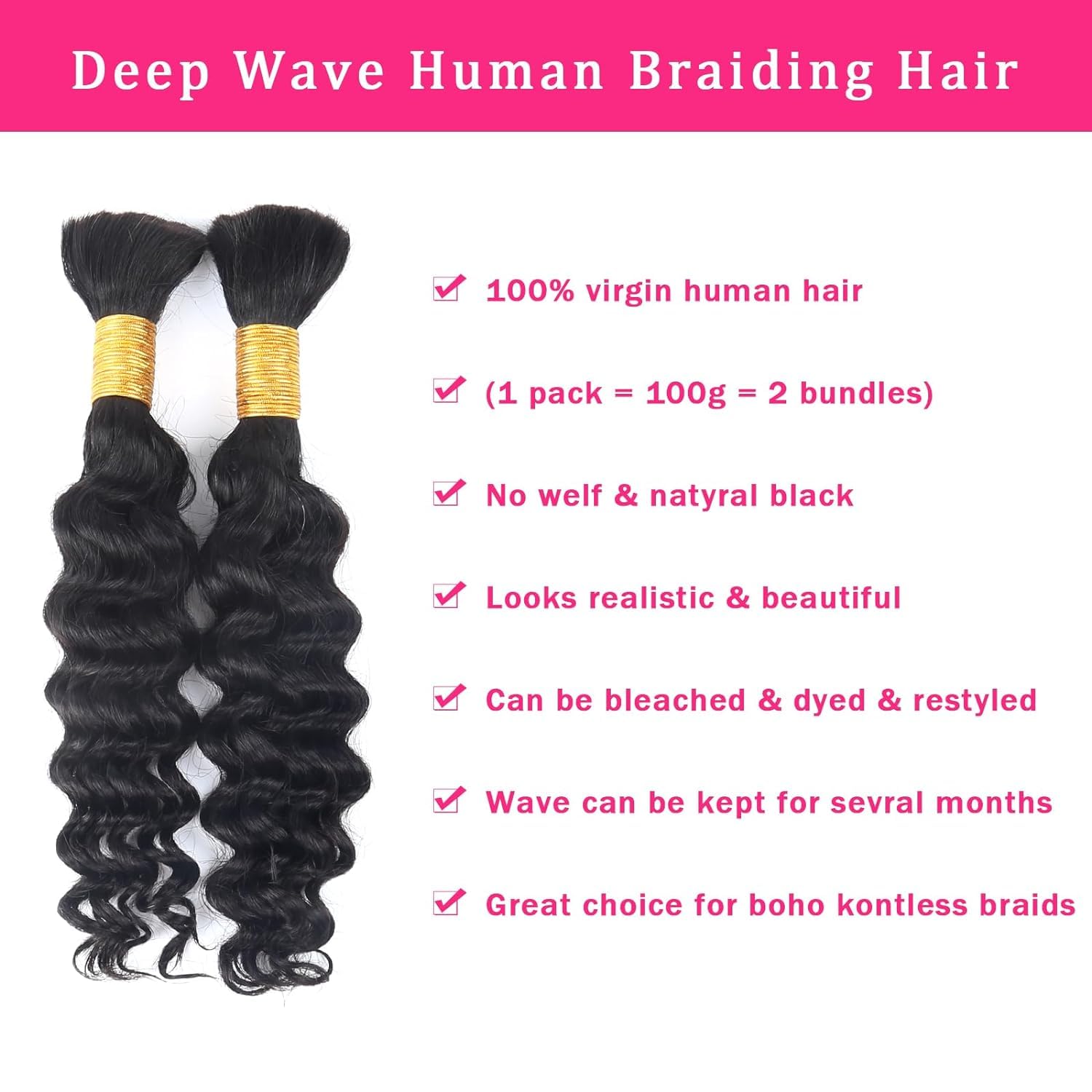 Human Braiding Hair for Boho Braids Human 100g 16 Inch Curly Boho Hair for Braiding Knotless 12A Deep Wave Bulk Bohemian 2 Bundles/Pack Natural Color - Image 3