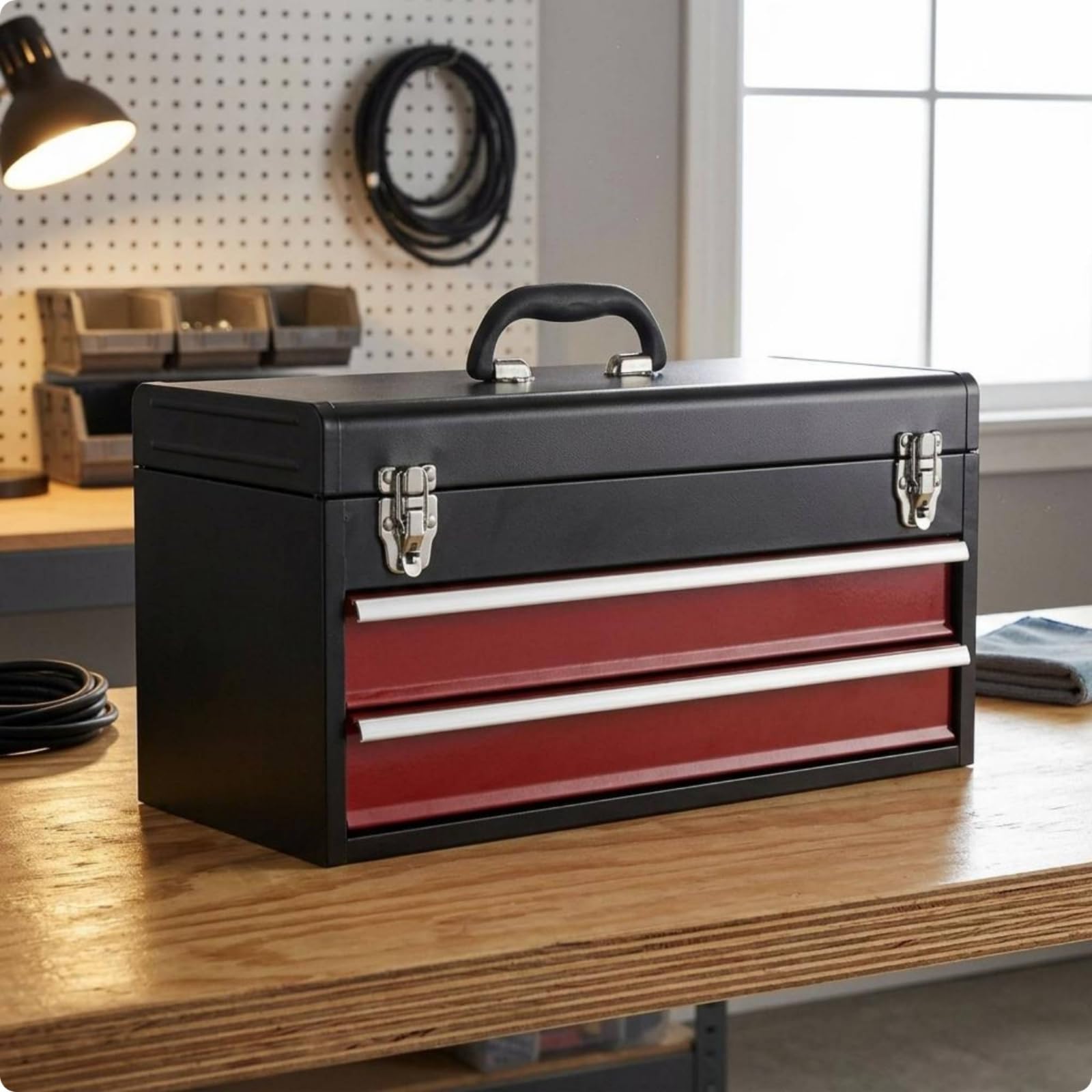Cassetta in Metallo Rettangolare Nero e Rosso Valigetta Porta Attrezzi in Metallo, 2 Cassetti 510 220 250mm