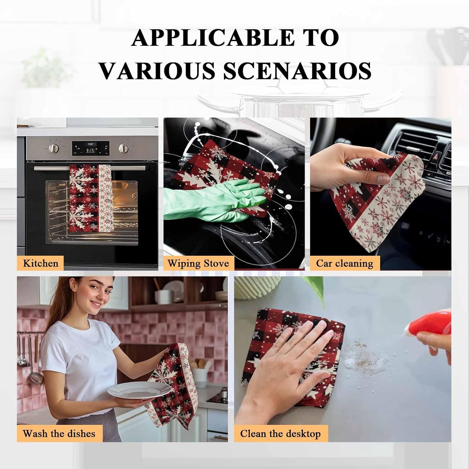 Christmas Snowflake Kitchen Towels, Absorbent Microfiber Kitchen Dish Hand Tea Bath Towel, Quick Dry Cleaning Cloth Dishclothes Decorative Sets, Buffalo Plaid Checkered Red Black (3-PC, 18x28)
