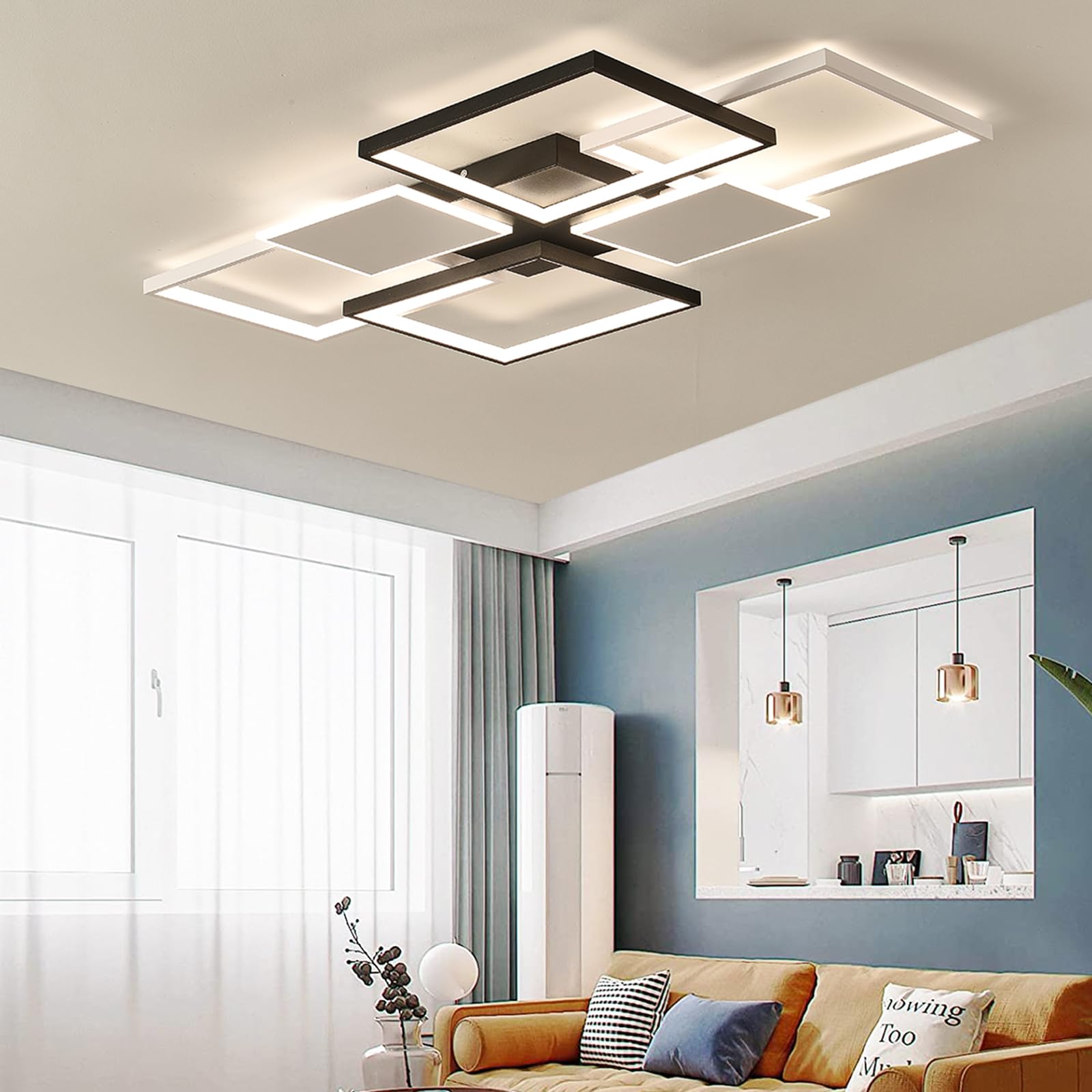 Moderna lámpara LED de Techo Para Salón, 100W Regulable Iluminación de Techo, Diseño Cuadrado Lámpara de Comedor con Mando a Distancia, Luz de Techo Interior Oficina Lámpara Colgante (Negro, 110cm)