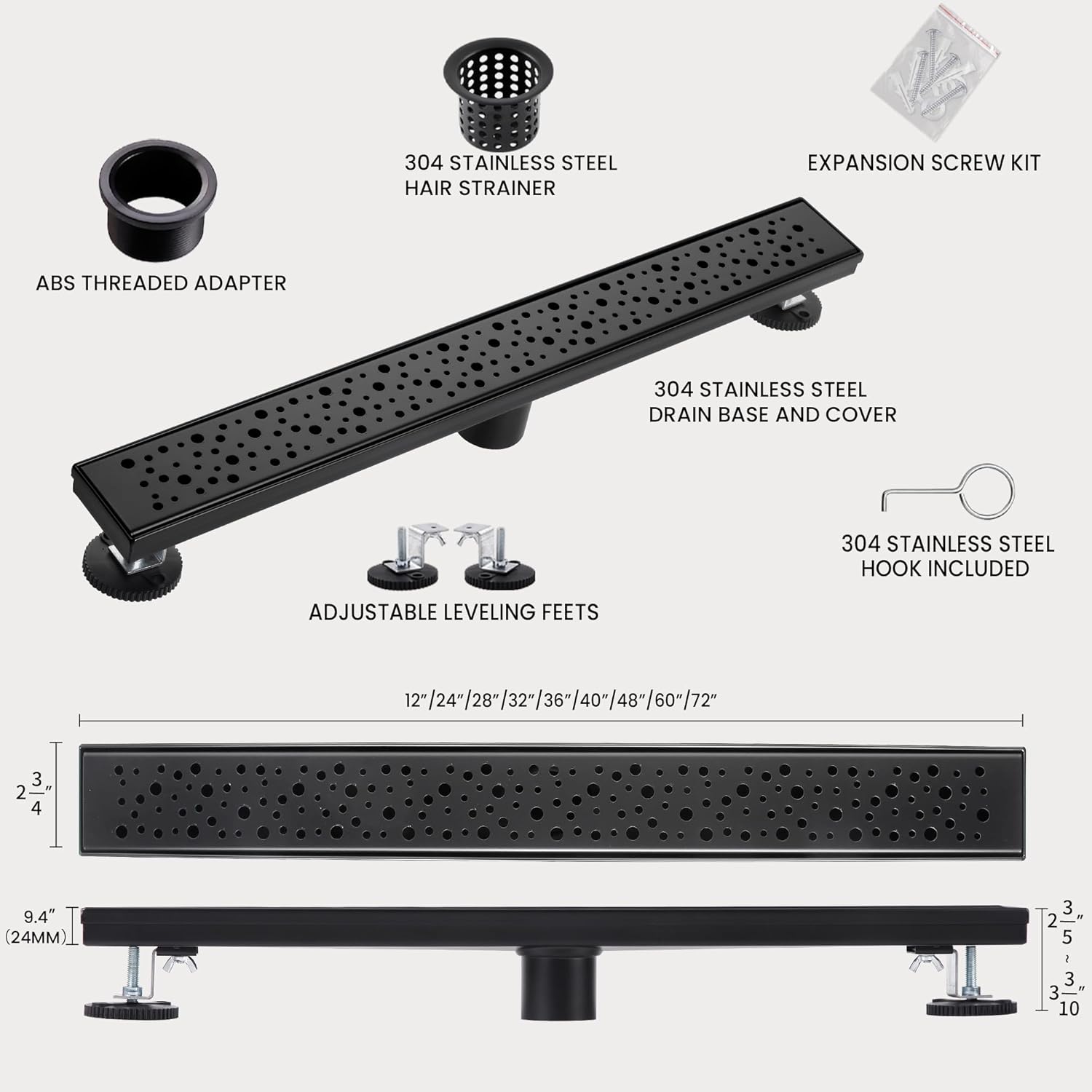 32 Inch Linear Shower Drain, Matte Black Shower Drain,Removable Grate, 304 Stainless Steel, Easy to Install and Clean for Bathrooms (Drain Base Not Included), LSD-19A-32B