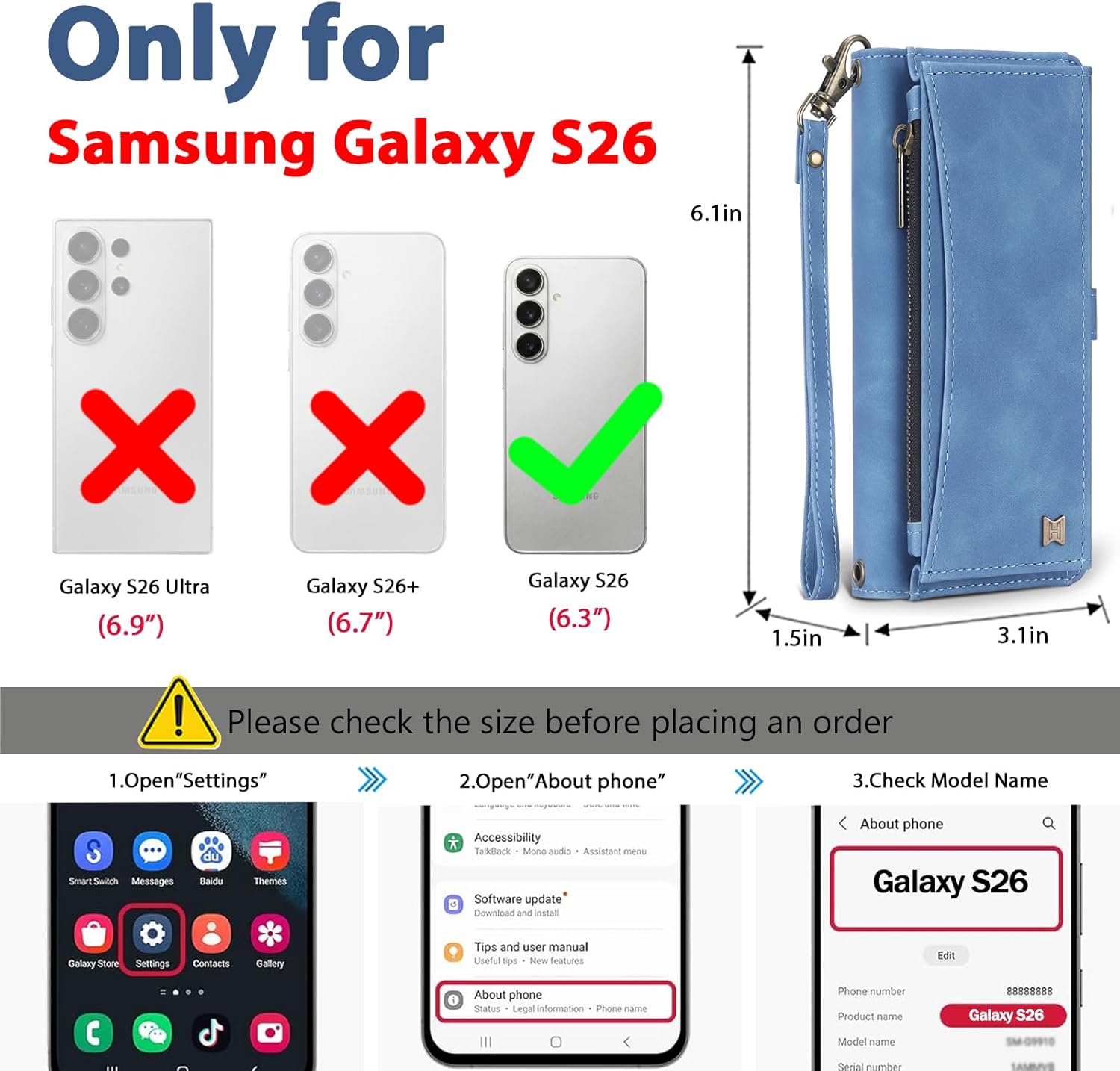 Wallet Case for Samsung Galaxy S26 with Card Holder/Crossbody Wallet/Strap| RFID Blocking | Magnetic | Kickstand | Detachable | PU Leather Phone Case for Galaxy S26,6.3 in,Sky Blue