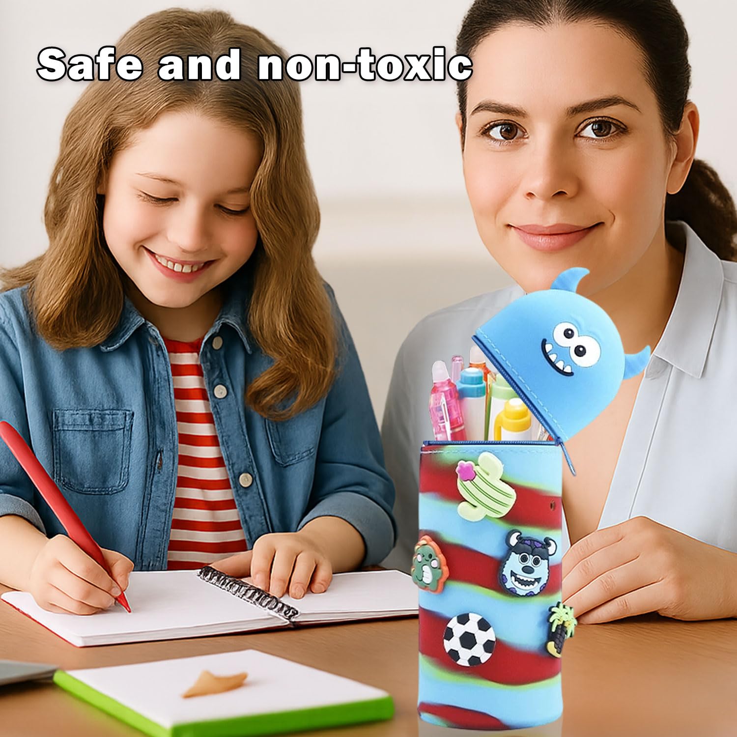 MOTIBACK Silicone Telescopic Pencil Case with Animal Design - Cute Monster 2-in-1 School Pen Holder, Decorative Buckle with Perforations Stand Up Pencil Case for School, OfficeGreen Blue Red - Image 3