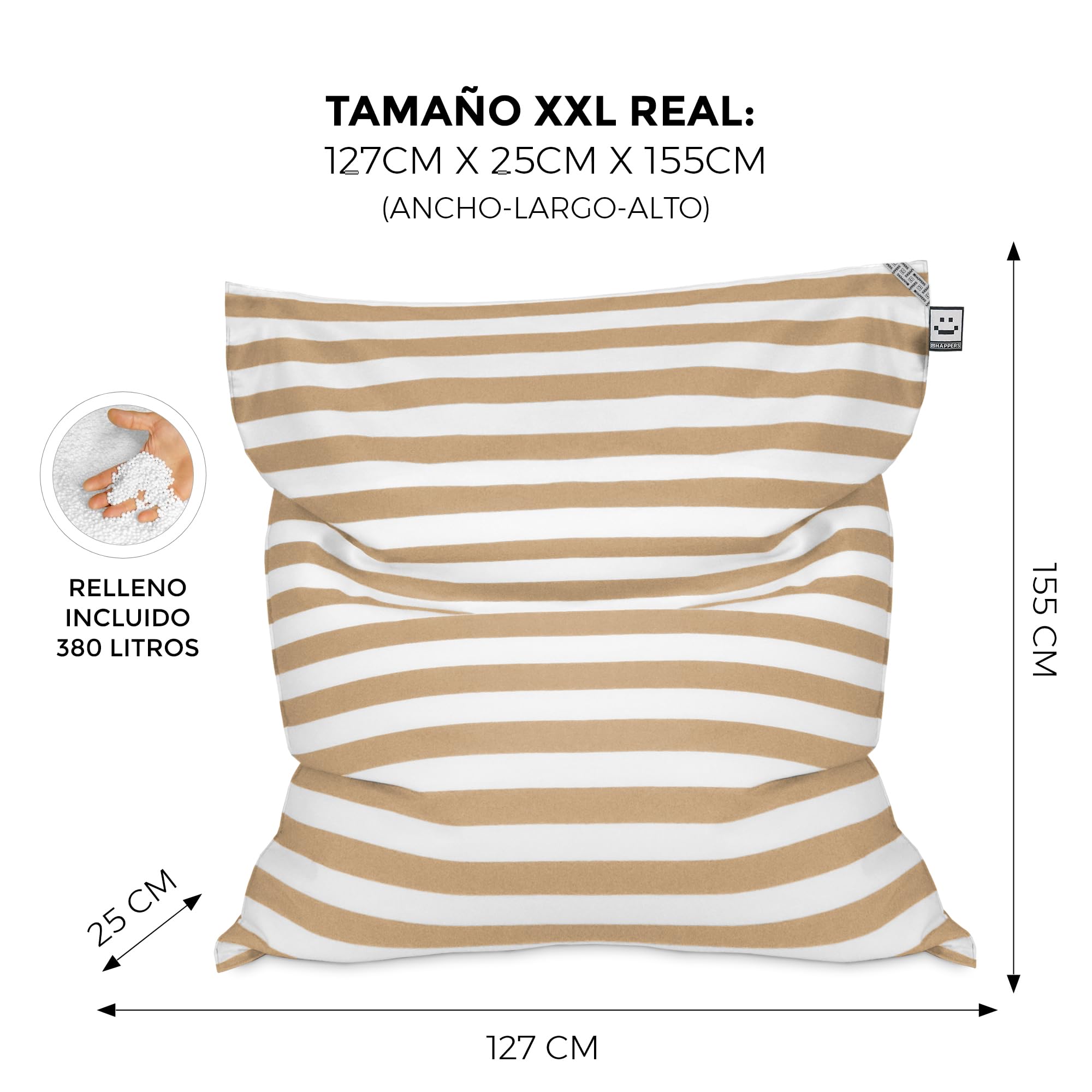 HAPPERS Big Puff Toldotex - Puff Gigante de Exterior e Interior, Puff Flotante para Piscina y Jardín, Tela Resistente al Sol y Agua, Relleno Incluido, Desenfundable y Lavable, 127x155 cm, Beige