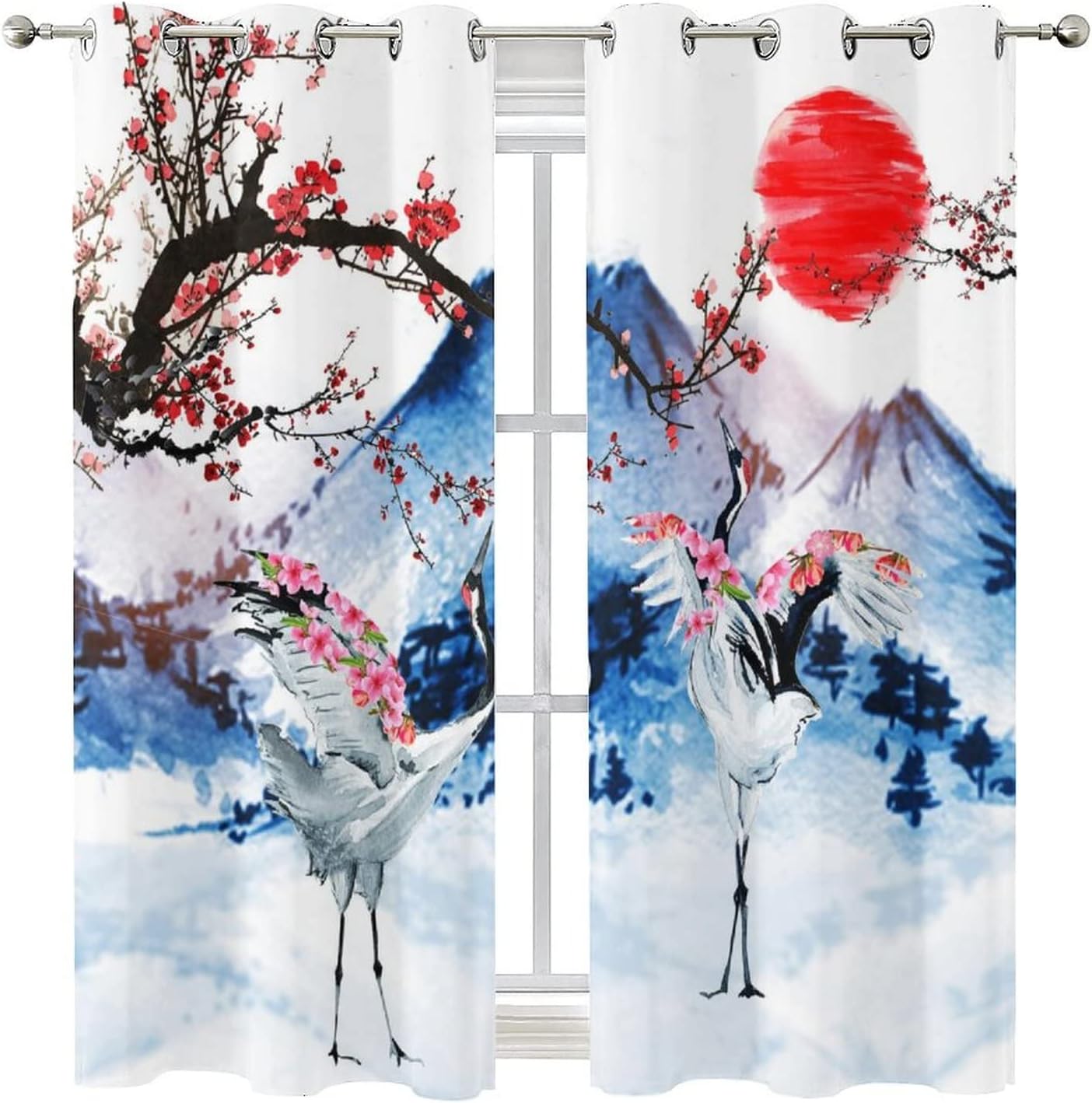 Japanese Crane Ultra Soft Premier Blackout Curtains,Watercolor Japanese Landscape Mount Fuji Red Sun Cherry BlossomThermal Insulated Bedroom Noise Reducing Patio Door Grommet Top,2 Panels 63L x 21W