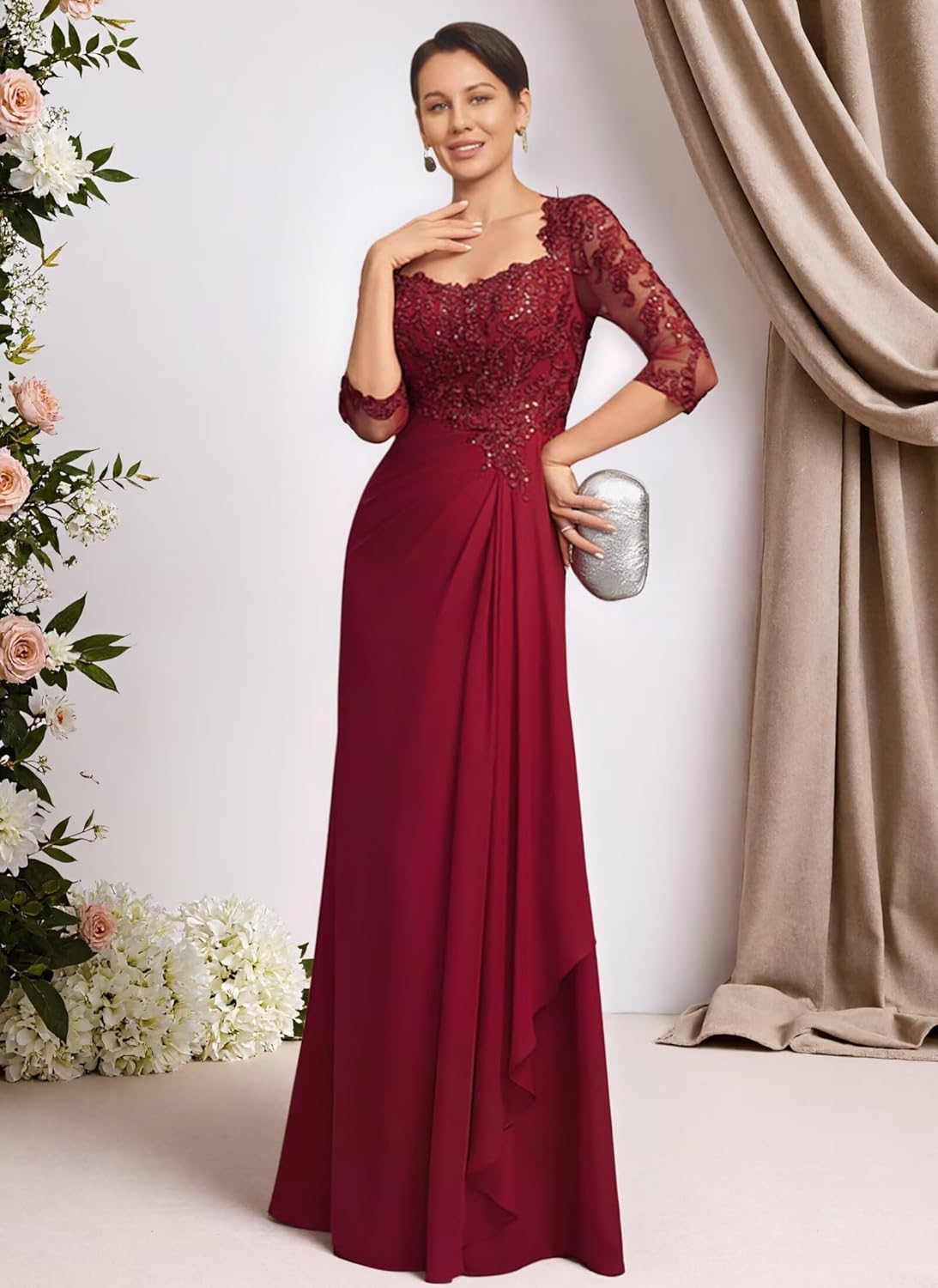 NLQ Chiffon Grandmother of The Groom Dress A Line Appliques 3/4 Sleeves Elegant Evening Gowns for Women 2026