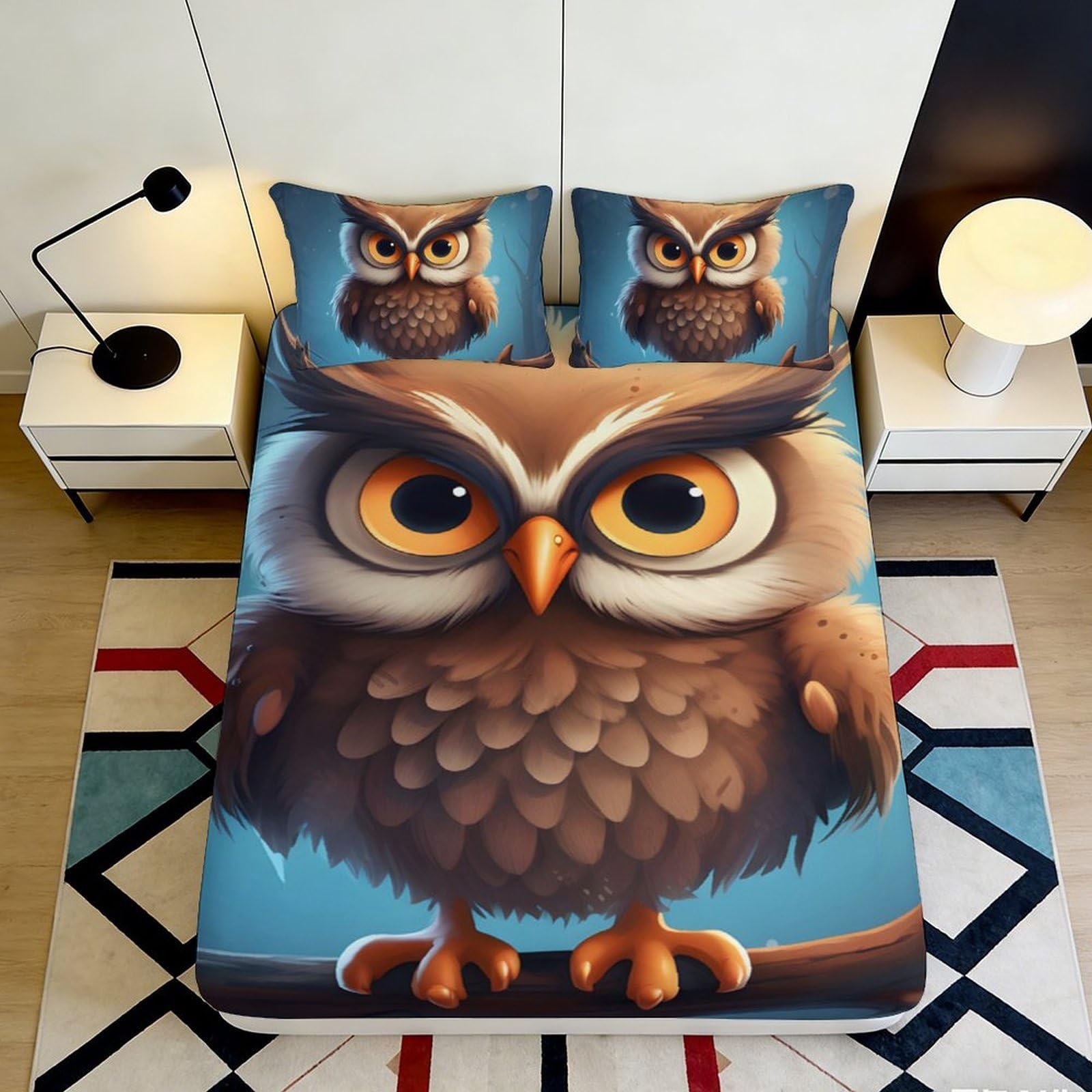 3D Printed Cartoon Owl Fitted Sheet Microfiber Soft Breathable Forest Animal Bed Cover for Bedroom Dorm Mattress Protection Decor 90x200x25cm