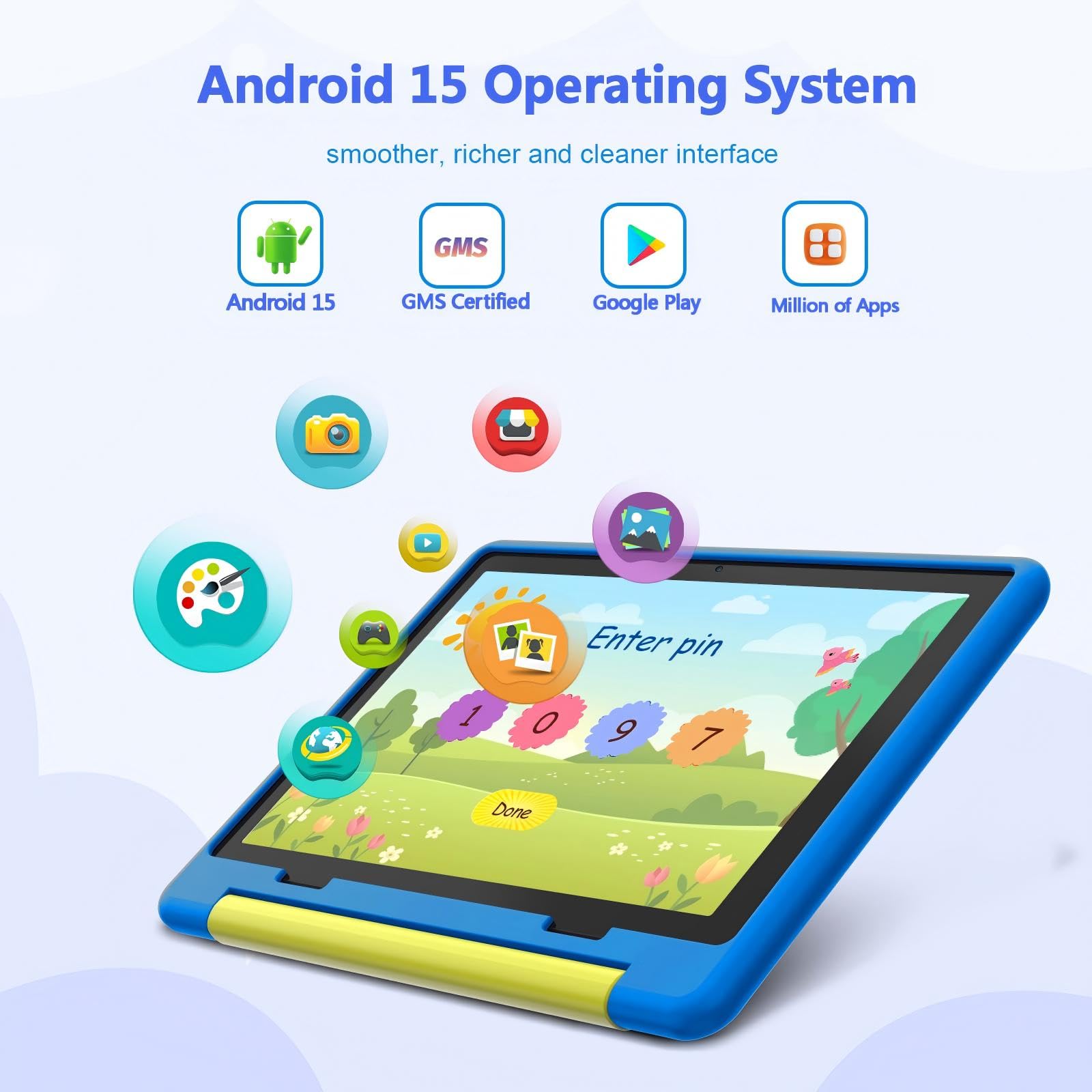 MUISOO Kids Tablet 10 inch, Android 15 Tablet for Kids Ages 3-12 Years, 20GB+64GB(1TB TF Expand), Octa-Core Processor, Parental Controls, WiFi 6, BT5.3, Preloaded Edu Apps Pad with Case (Blue) — view 2