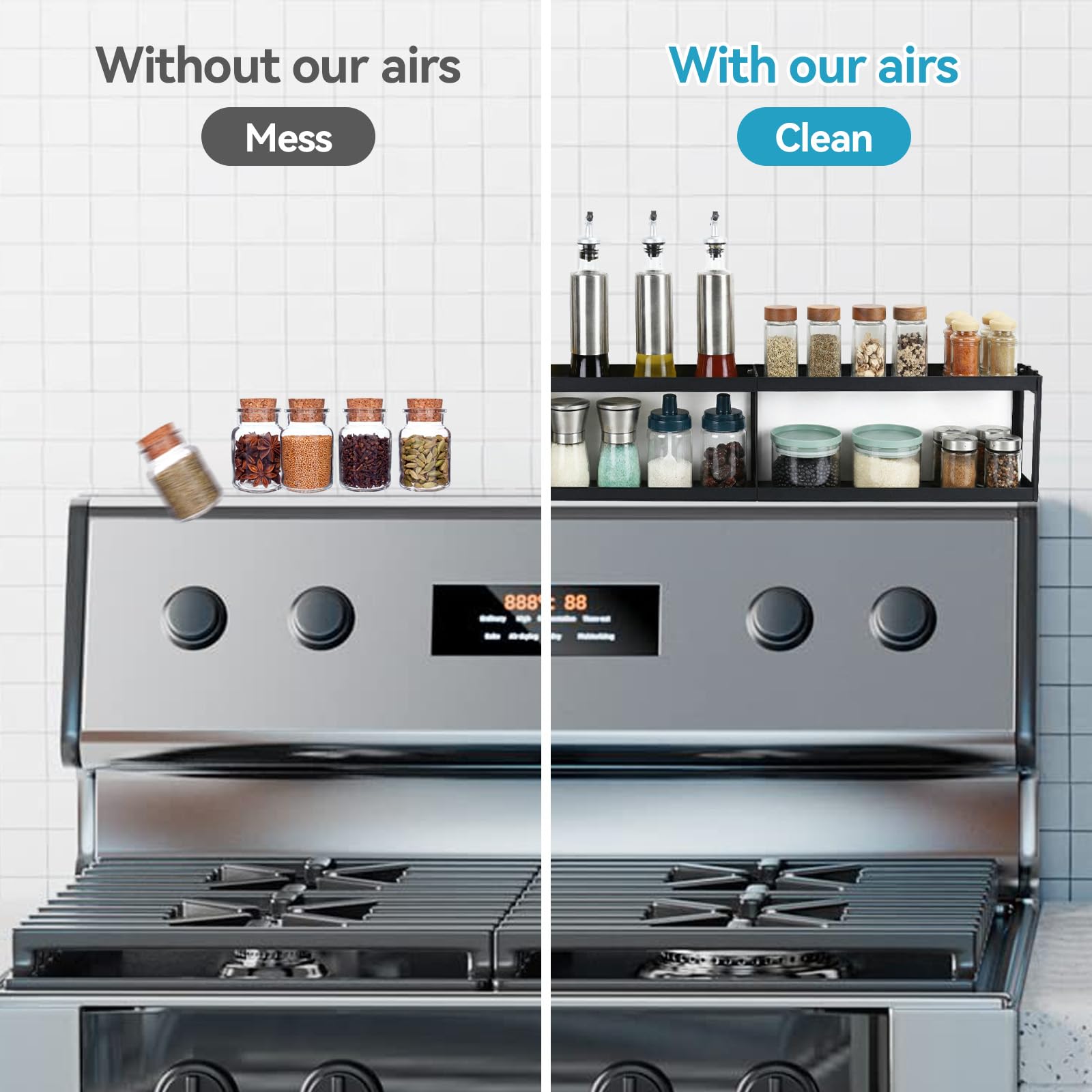 OTraki Étagère à épices magnétique à 2 niveaux pour cuisinière avec 2 tapis antidérapants - Organiseur d'assaisonnement au-dessus de la cuisinière avec 4 crochets - Étagère magnétique pour