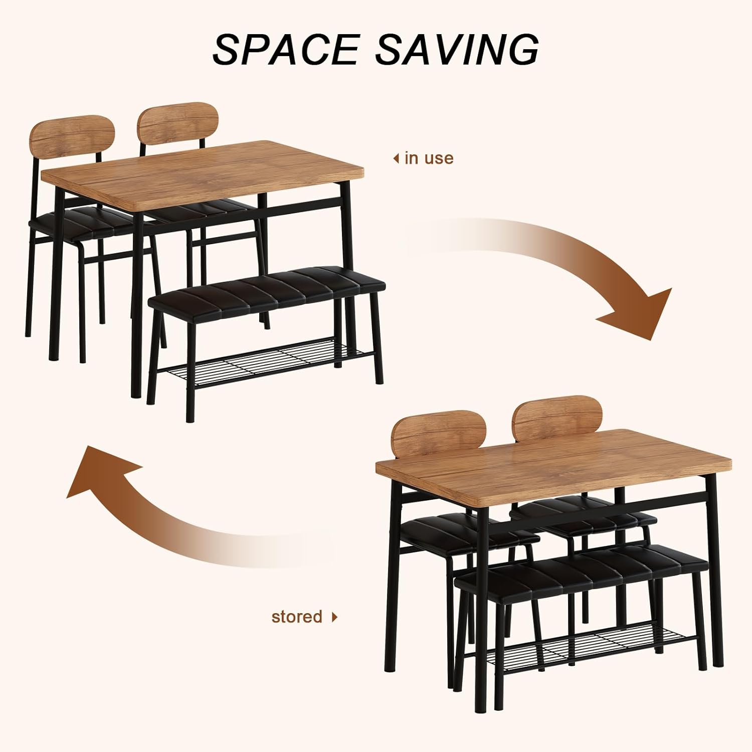 furlinkhm Dining Table Set for 4, Kitchen Table with Bench and Chairs, Industrial Gathering Bench Dining Set with Metal Frame & Storage Rack, Dinette Set for Small Space, Apartment, Restaurant