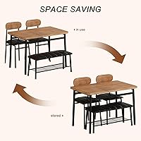 Vista 7 de Juego de mesa de comedor para 4, mesa de cocina con banco y sillas, banco de reunión industrial con marco de metal y estante de almacenamiento