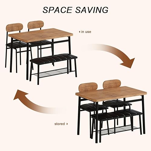 Miniatura 7 de Juego de mesa de comedor para 4, mesa de cocina con banco y sillas, banco de reunión industrial con marco de metal y estante de almacenamiento,