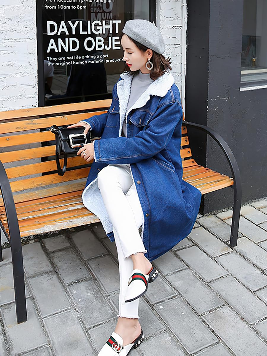 ebossy Women's Sherpa Lined Long Denim Jacket with Removable Faux Fur Collar - Image 6