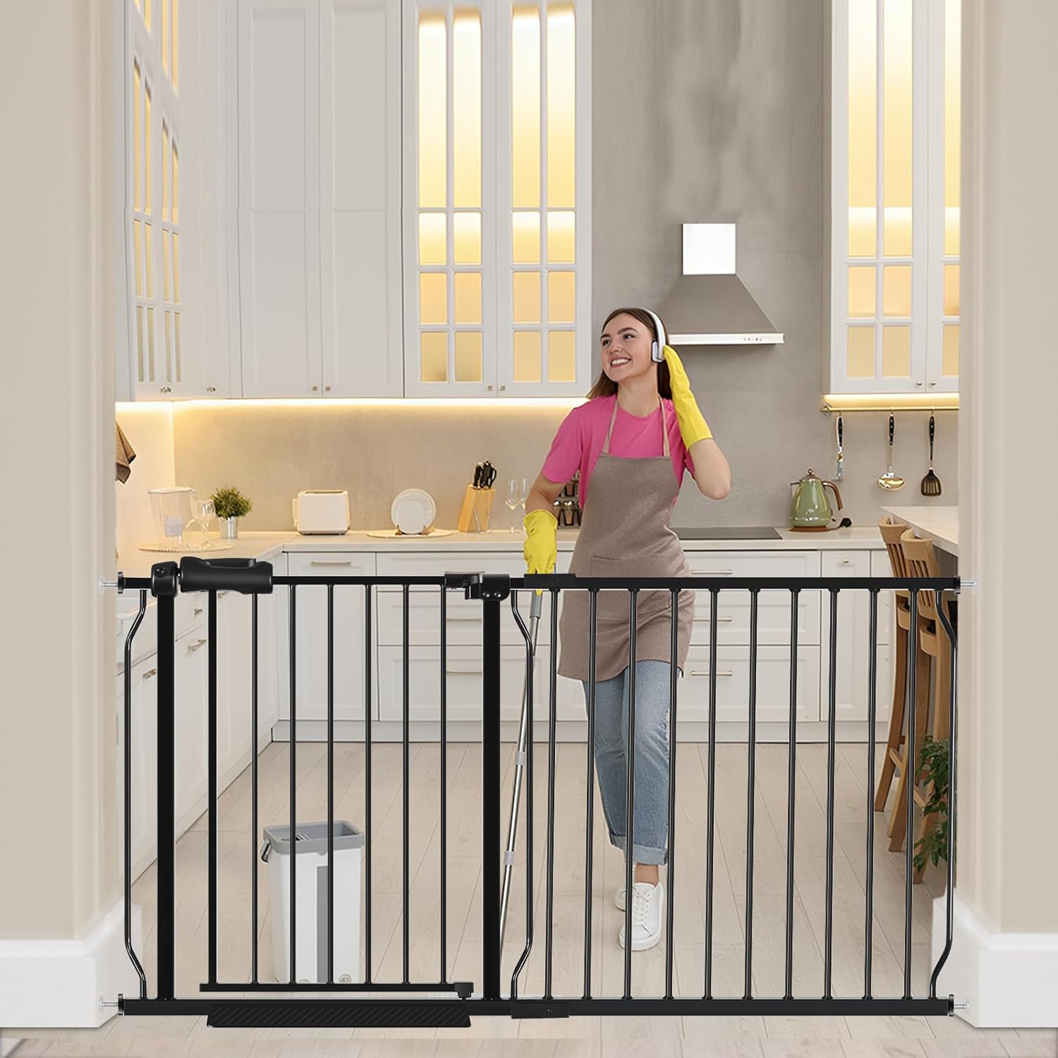 HOOEN 30" Tall Extra Wide Baby Gate for Stairs Doorways 57.5 to 62 Inch Large Long Dog Gates Tension Baby Gate Walk Through Child Gates for Kids or Pets Indoor Safety Gates 57.5"-62.2"/146-158cm Black
