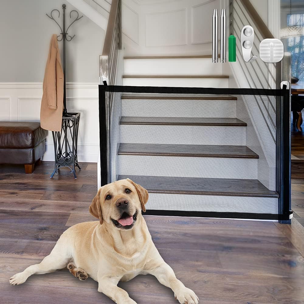 Portable Pet Gate for Stairs - Wide 43.3"X28.3 Retractable Gate - Safe for Dogs & Cats - Metal Hook - Indoor/Outdoor