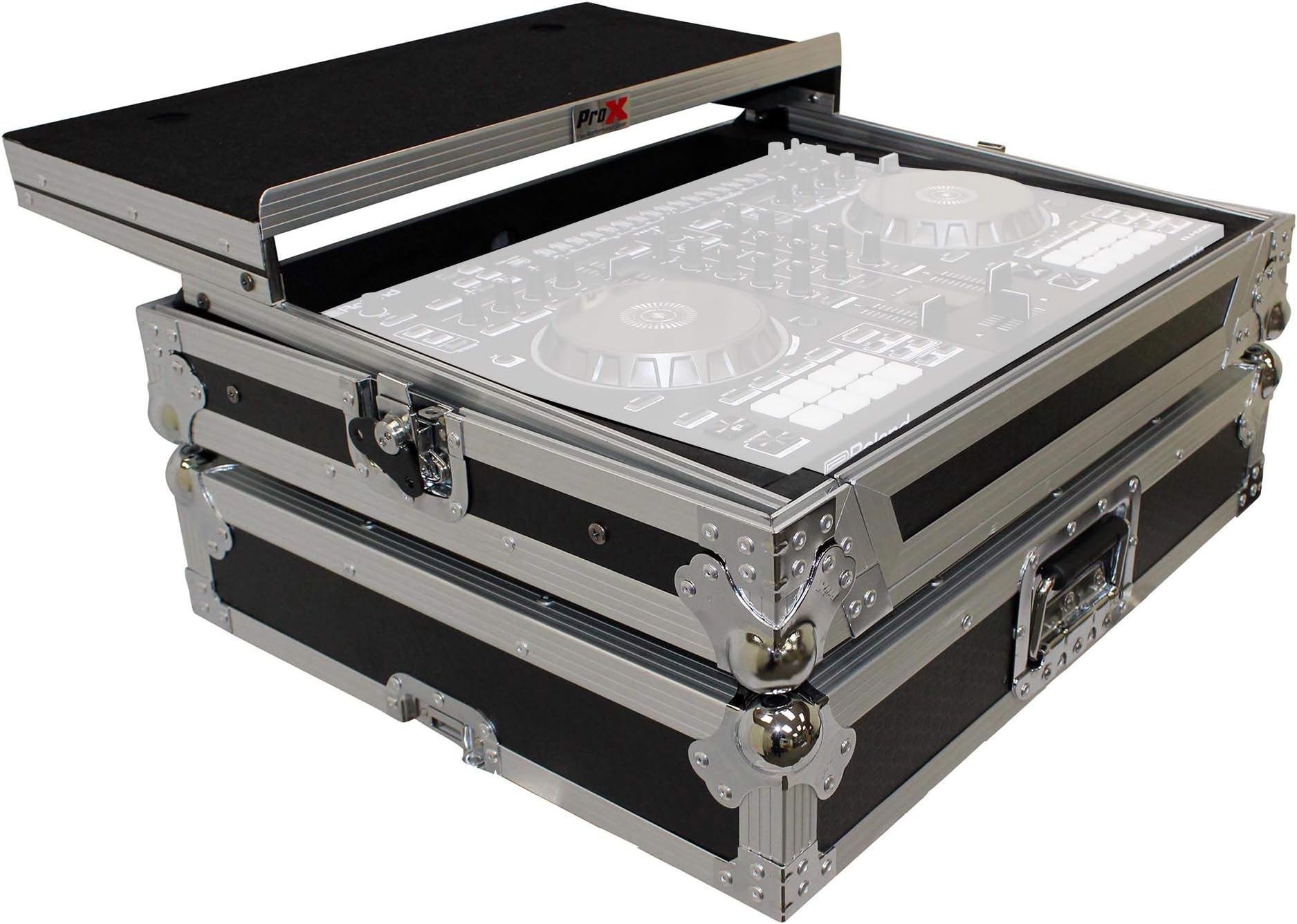 ProX Flight Case for Roland DJ-505 Digital Controller With Sliding Laptop Shelf - Silver on Black Design - XS-DJ505LT