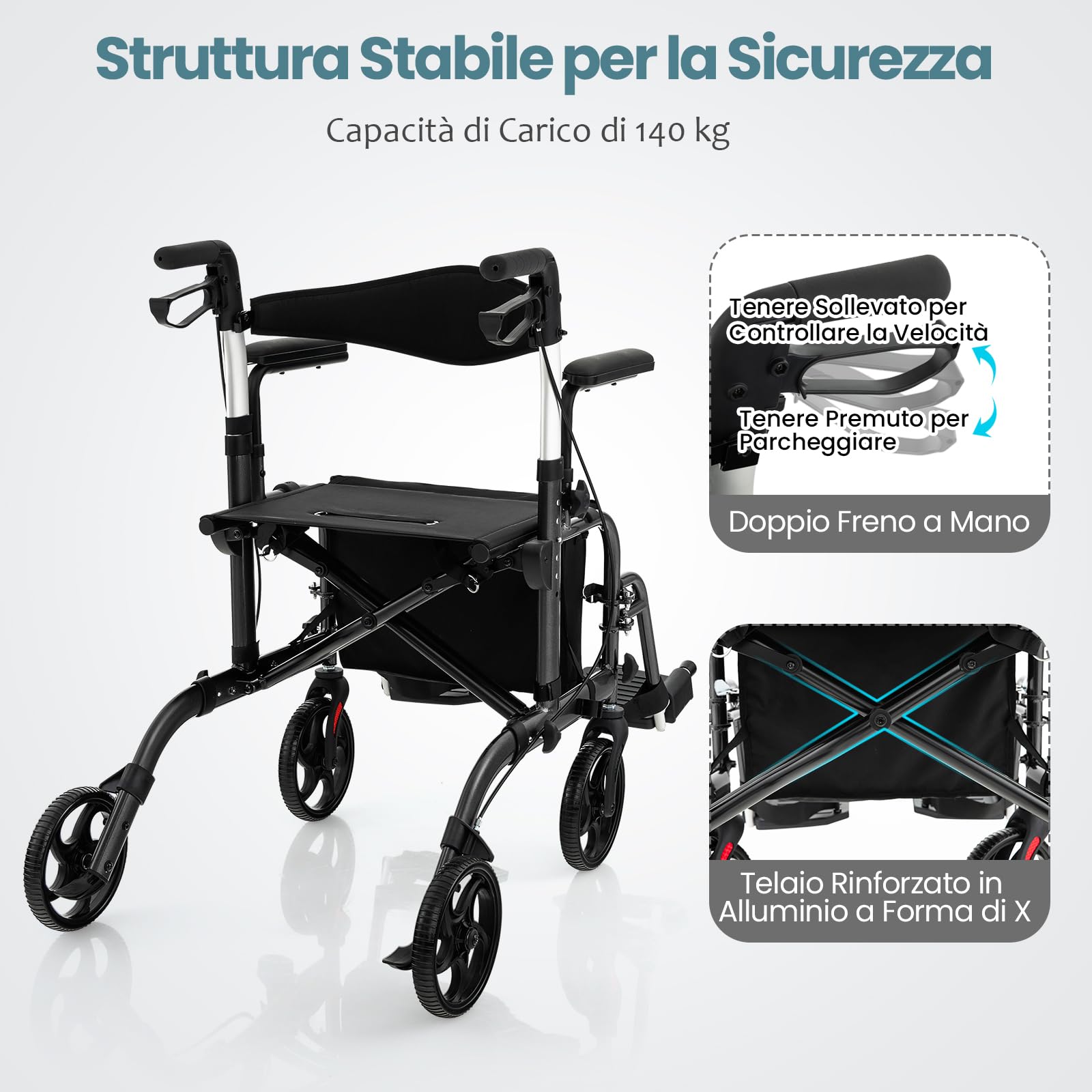 RELAX4LIFE 2 in 1 Deambulatore Pieghevole con Seduta e 4 Ruote per Anziani, Sedia a Rotelle Leggero, Regolazione Altezza, Freno a Mano, Alluminio, Deambulatore con Porta Ombrello e Borsa (Nero)