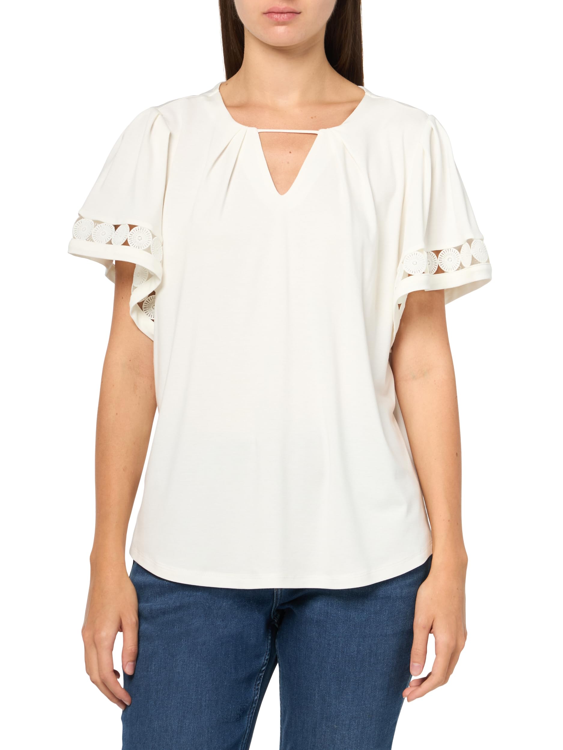 Anne Klein Women's Harmony Knit Pleat Nk Bell SLV Top W Lac, Bright White, L