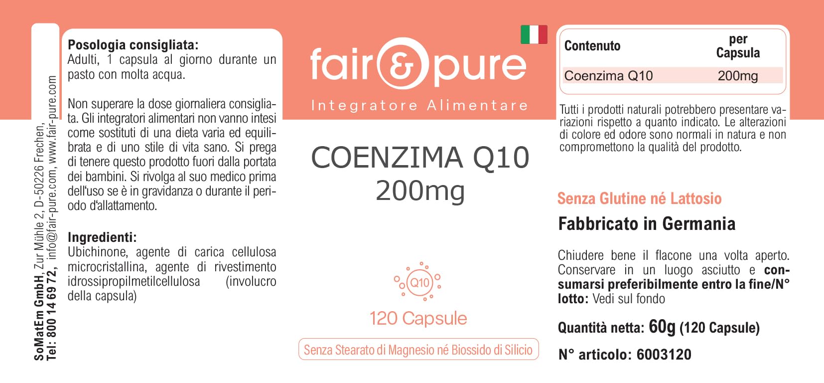 Fair & Pure Co-Enzyme Q10 Capsules 200mg, 120 pièces, complément alimentaire végétalien sans additifs, fabriqué en Allemagne