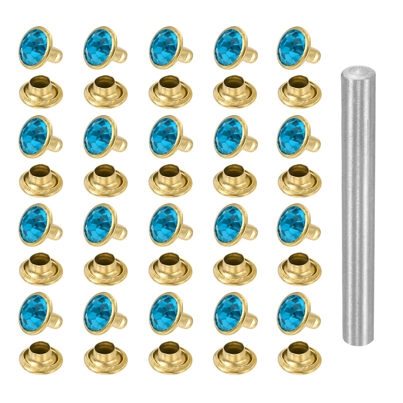 sourcing map 100pcs Crystal Rivets 8mm Rhinestone Rapid Stud Rivets with Steel Installation Tool for Clothing Leather Fabric Arts Crafts Decoration Leathercraft, Gold Light Blue