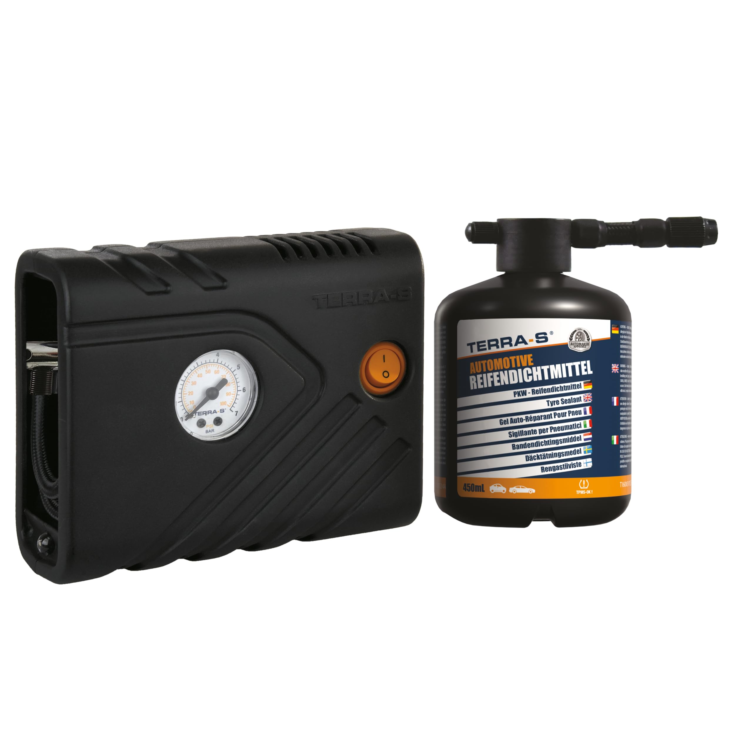 TERRA-S T56003 Premium Kit de combinación de inflador y sellador de neumáticos con Inserto automático para una reparación rápida de Emergencia