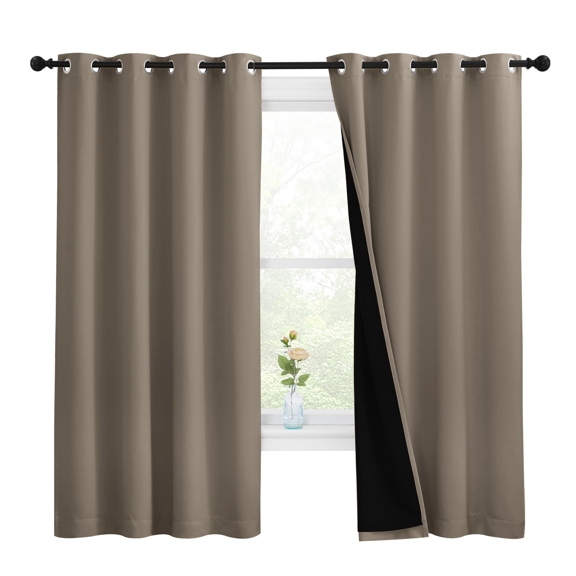 NICETOWN 100% Blackout Curtains with Black Liners, Thermal Insulated Full Blackout 2-Layer Lined Drapes, Energy Efficiency Window Draperies for Bedroom (Taupe, 2 Panels, 55-inch W by 68-inch L)