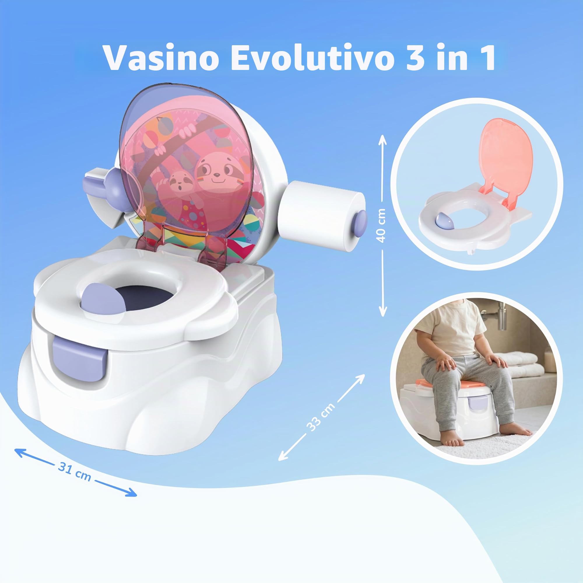 GalPat Baby Vasino Baby 3 in 1 – WC per bambini con musica quando cade urina – Include riduttore WC – Porta rotoli di carta – Simulatore cisterna – Contenitore rimovibile (Rosa)