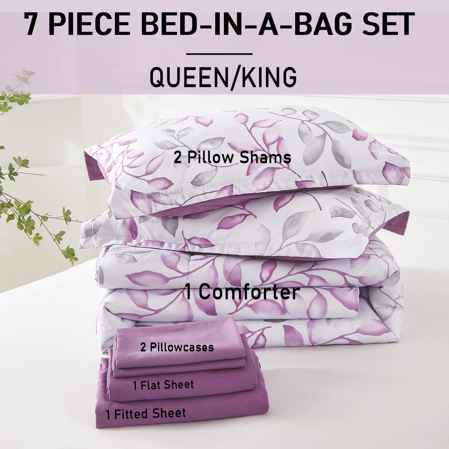 Yogeneg Botanical Comforter Set Queen Size 7 PCS Bed in a Bag,Purple Grey Leaves Printed on White Reversible Design,Soft Microfiber Bedding Complete Set for All Season(Purple,Queen) - Image 6