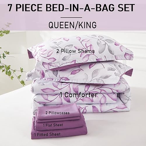 Miniatura 6 de Yogeneg Juego de edredón botánico tamaño Queen de 7 piezas cama en una bolsa, hojas moradas y grises impresas sobre diseño reversible blanco, juego