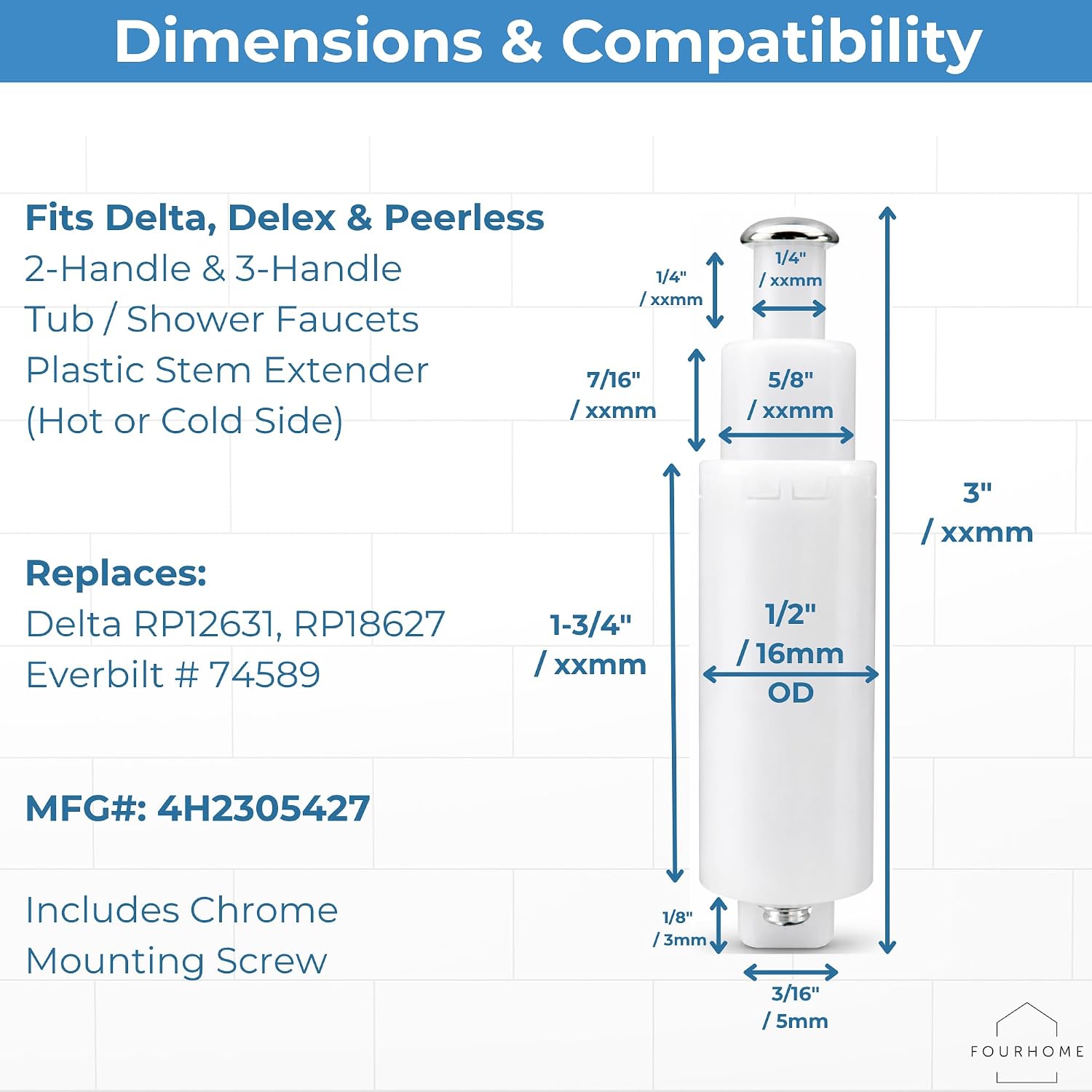 Replacement for Delta RP12631 Stem Extender 2-Pack | 2 & 3-Handle Tub & Shower Faucets | Replaces RP18627, Everbilt 74589, Danco 58072 | 2.87" Polymer, D-Shape Broach | Hot and Cold, Screws Included