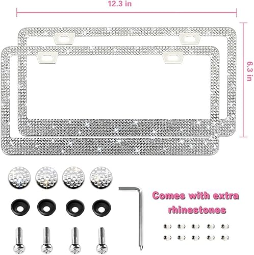 Bling License Plate Frame For Women, Sparkly Stainless Steel License Plate Frames| Over 1200 Pcs 14 Facets Bedazzled Clear Glass Diamond Rhinestone Crystals W/Free Glitter Diamond Box #TOP2