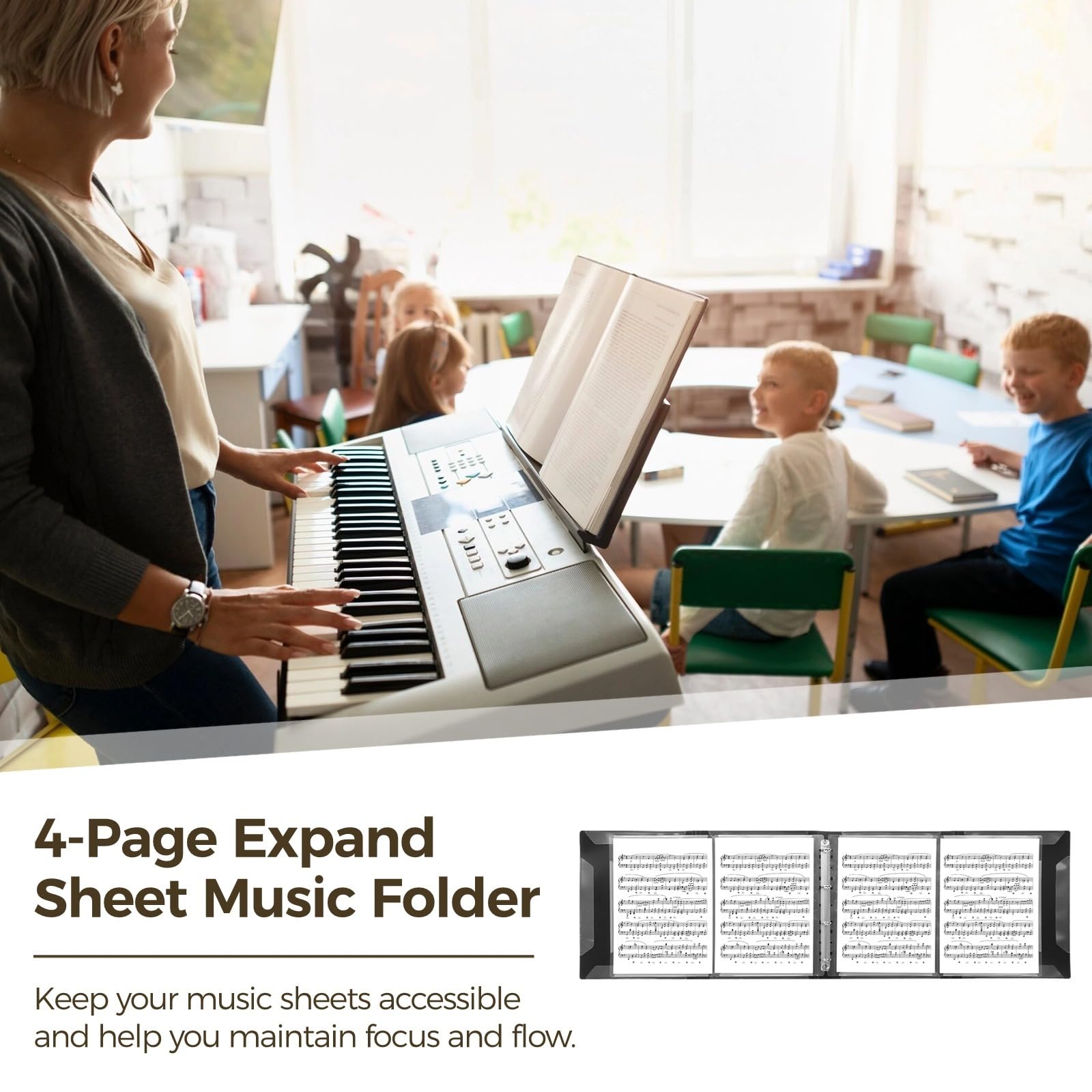 Carpeta de partituras ampliable de 4 páginas para notas de piano, capacidad para 64 páginas A4, carpeta para escribir notas y documentos