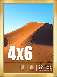 LaVie Home 4x6 Picture Frame for Wall Display, 4x6 Gold Picture Frame with HD Plexiglas, 4 x 6 Matted Frame 1 Pack, Display Frame for Vertical or Horizontal, Classic Collection