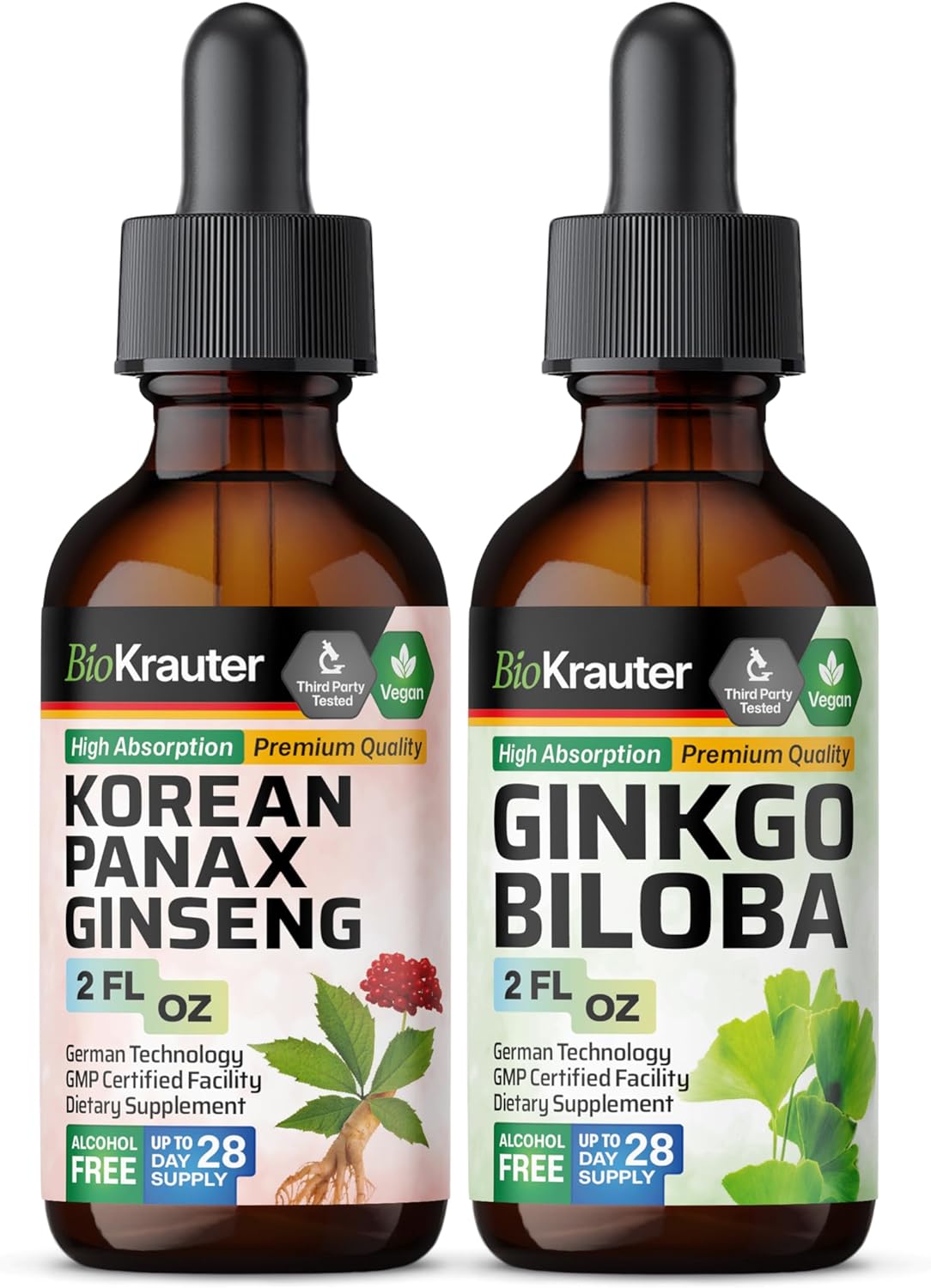 BIO KRAUTER Ginseng Tincture 2 Fl. Oz. & Ginkgo Biloba Tincture 2 Fl. Oz.