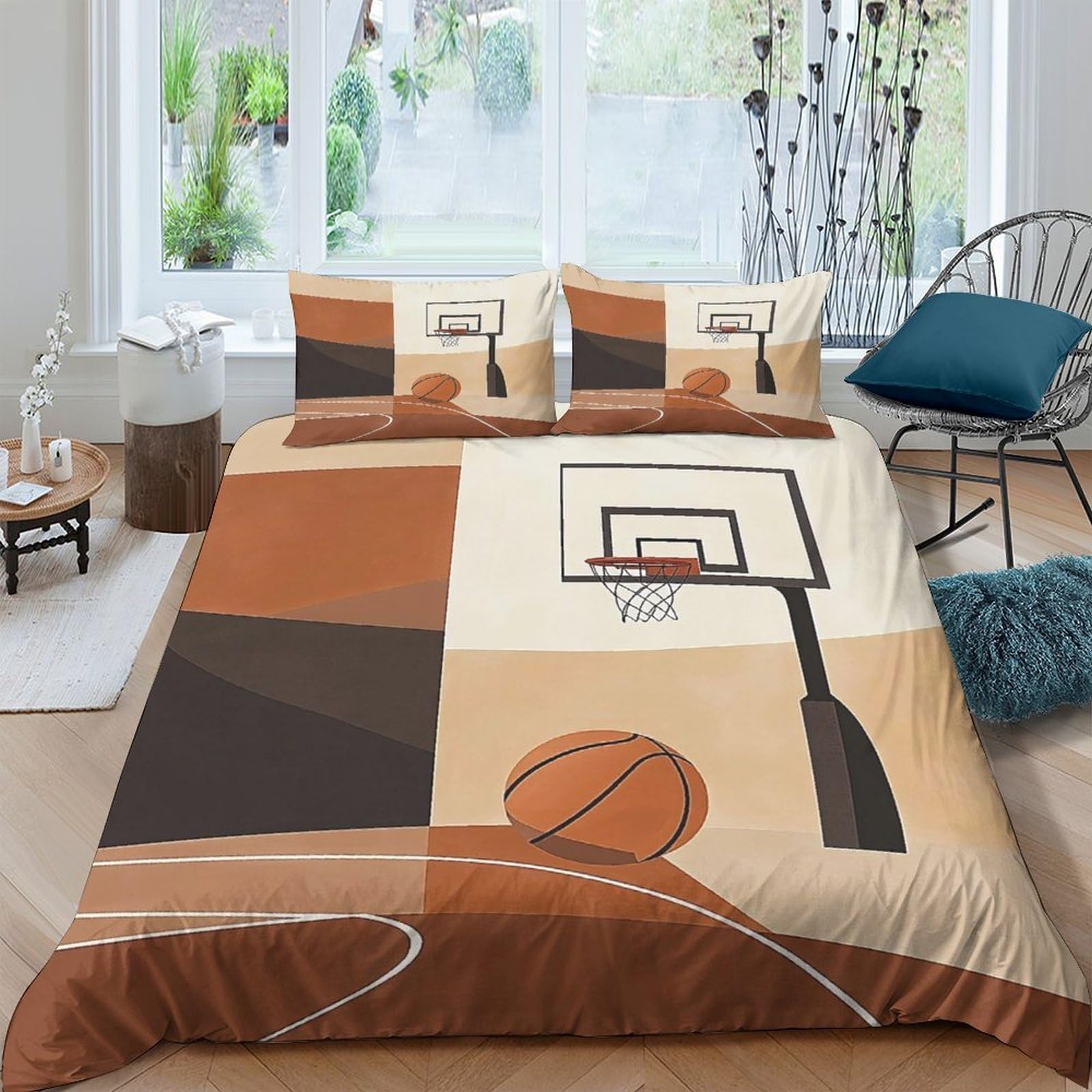 GPLZQXKJNH 3D Printed Basketball Court Duvet Cover Microfiber Soft Breathable Sports Bedding Set with 2 Pillowcases for Bedroom Decor Single（135x200cm）