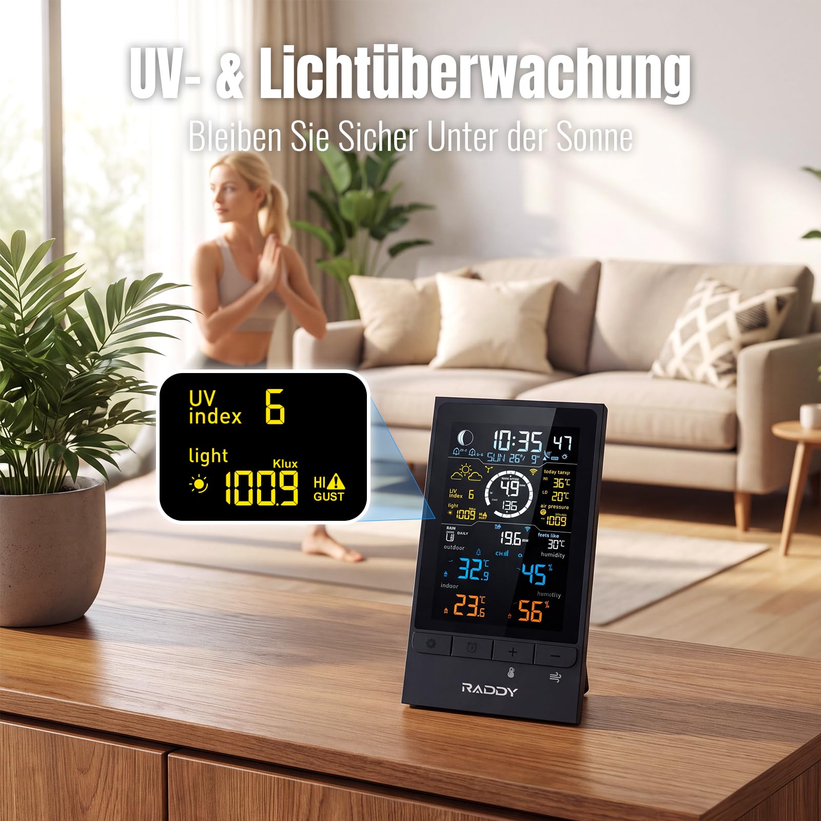 Raddy UV7 Profi 12-in-1 Funk-Wetterstation Innen Außen mit Außensensor
