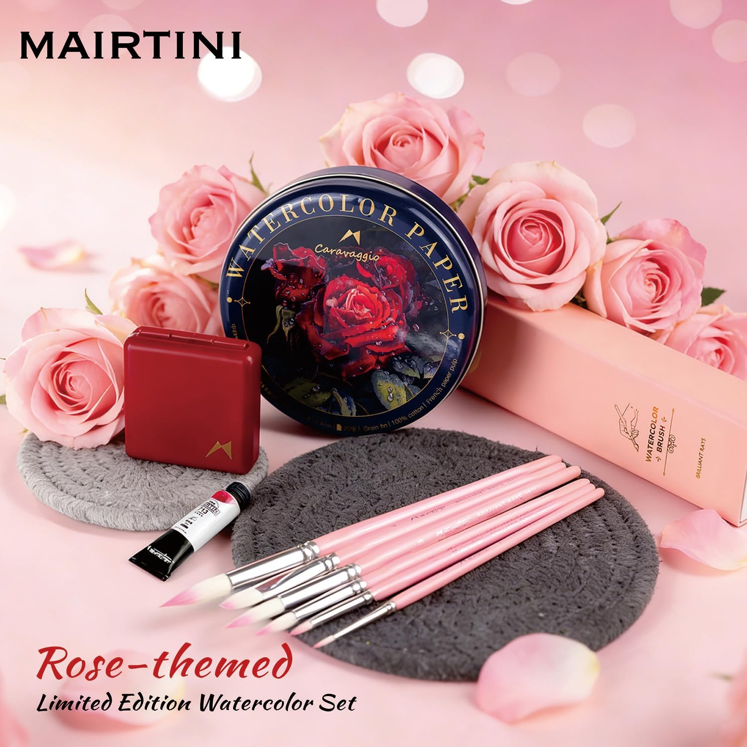 Rose-themed Limited Edition Watercolor Set with Mini Travel Kit, Watercolor Paper and Brushes
