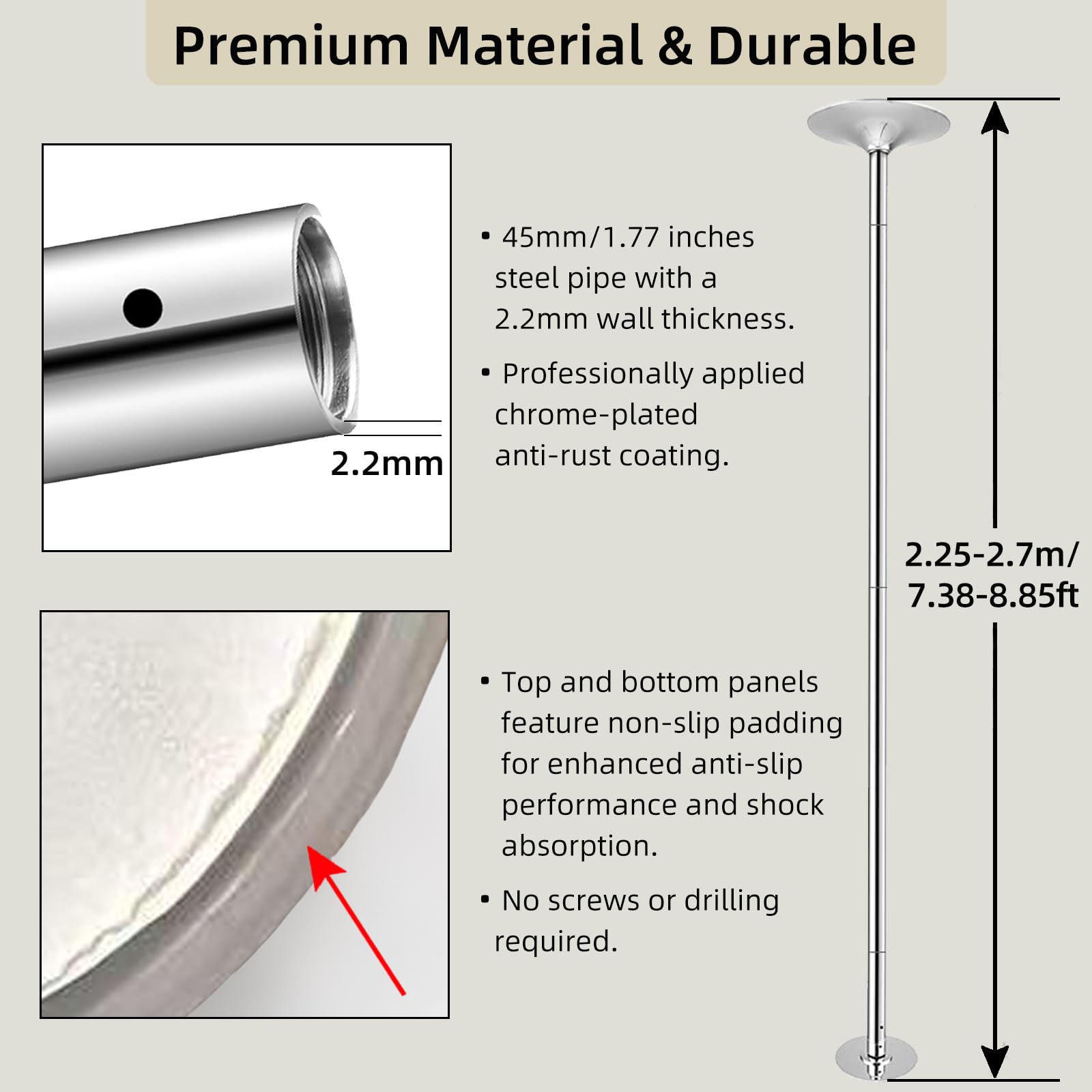 Set di bastoncini da ballo, di alta qualità, resistenti, regolabili in altezza, portatili da 45 mm, 45 mm, con certificazione CE, per palestra domestica, rimovibili, capacità 200 kg, argento