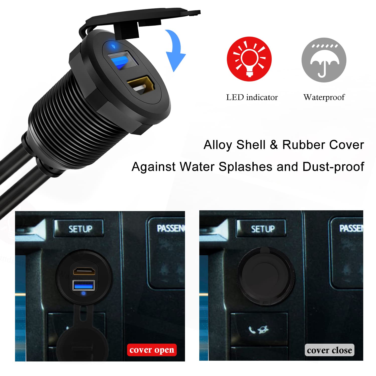 USB 3.0 & HDMI USB Port Car Flush Panel Mount Cable, Male to Female Extension Cable for Car Boat Motorcycle with LED Indicator 3ft ZNKG USB3.0 + HDMI 3ft