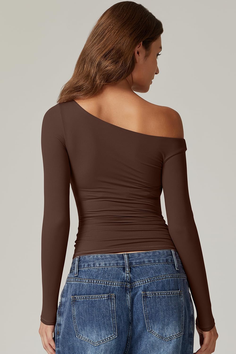 QINSEN Women's Sexy Off Shoulder Shirt Long Sleeve Double Lined Tops Side Ruched Fitted Tees - Image 2