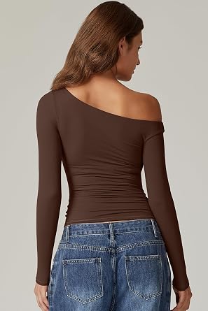 QINSEN Women's Sexy Off Shoulder Shirt Long Sleeve Double Lined Tops Side Ruched Fitted Tees