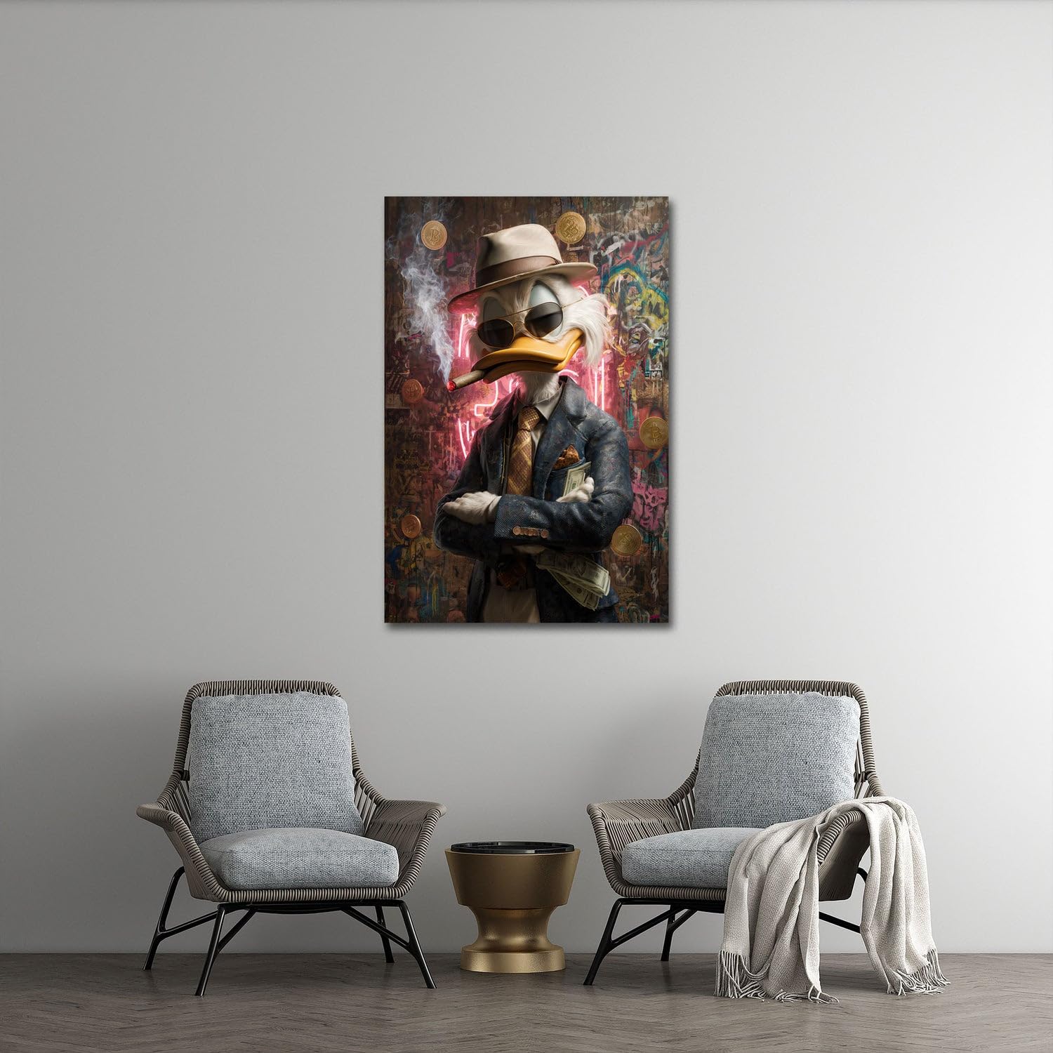 Ente Investor in Kryptowährung Wandbild Leinwandbild Kunstdruck XL Wanddeko | Ente mit Hut und Bitcoin Münzen
