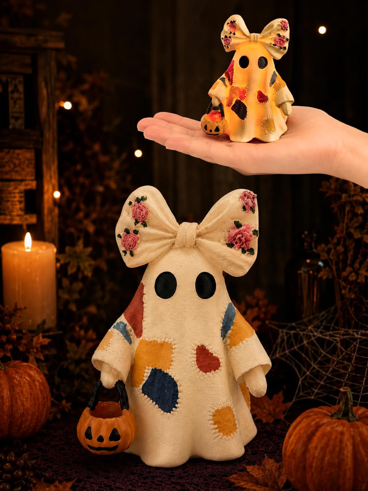 DVDVBOOM Lighted Vintage Ghost Halloween Decor, LED Tabletop Figurine with Patchwork Design, Rustic Fall Decoration for Home Office, Shelf, Mantel and Tiered Tray Display