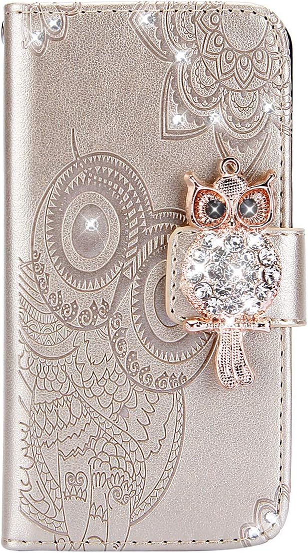 iPhone 5S Diamond Cover, iPhone SE Case Stand, Ekakashop Luxury Fashion Premium Glitter Sparkle Owl Diamond Rhinestone Wallet Bookstyle Flip Folio PU Leather Cover for Apple iPhone 5 5S SE , Gold