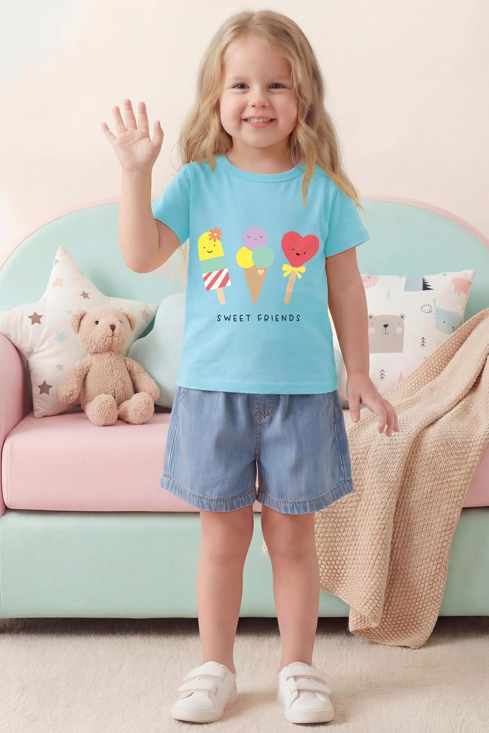 Poroka 4 Packs Toddler Girls Short Sleeve Graphic Tees Soft Cotton T-Shirts with Fun Prints Summer Tops Clothes 2T-5T