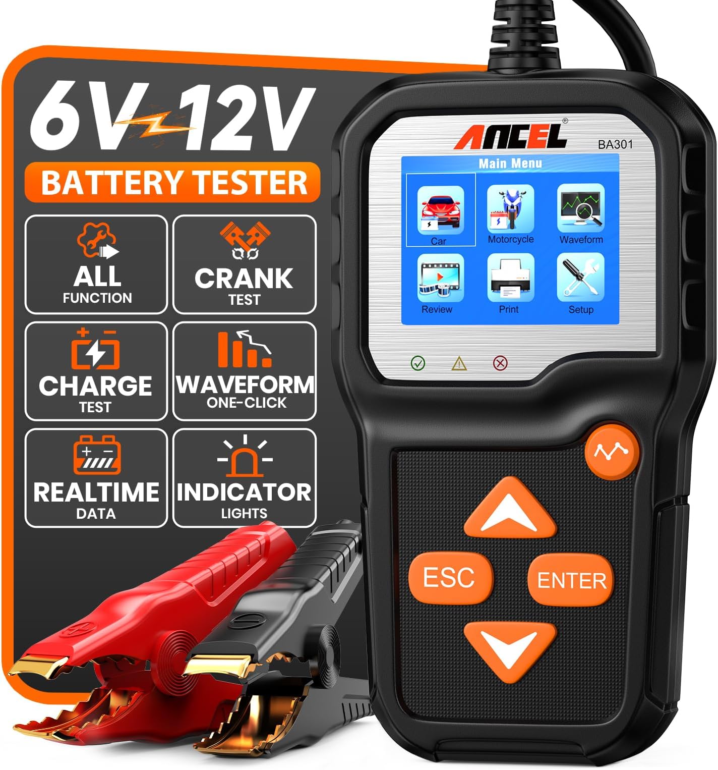BA301 Car Battery Tester 6V 12V, 100-2000 CCA Automotive Load Tester Alternator Tester, Digital Automotive Charge Analyzer and Charging System Test Tool for Car/Moto/Boat/SUV/Truck
